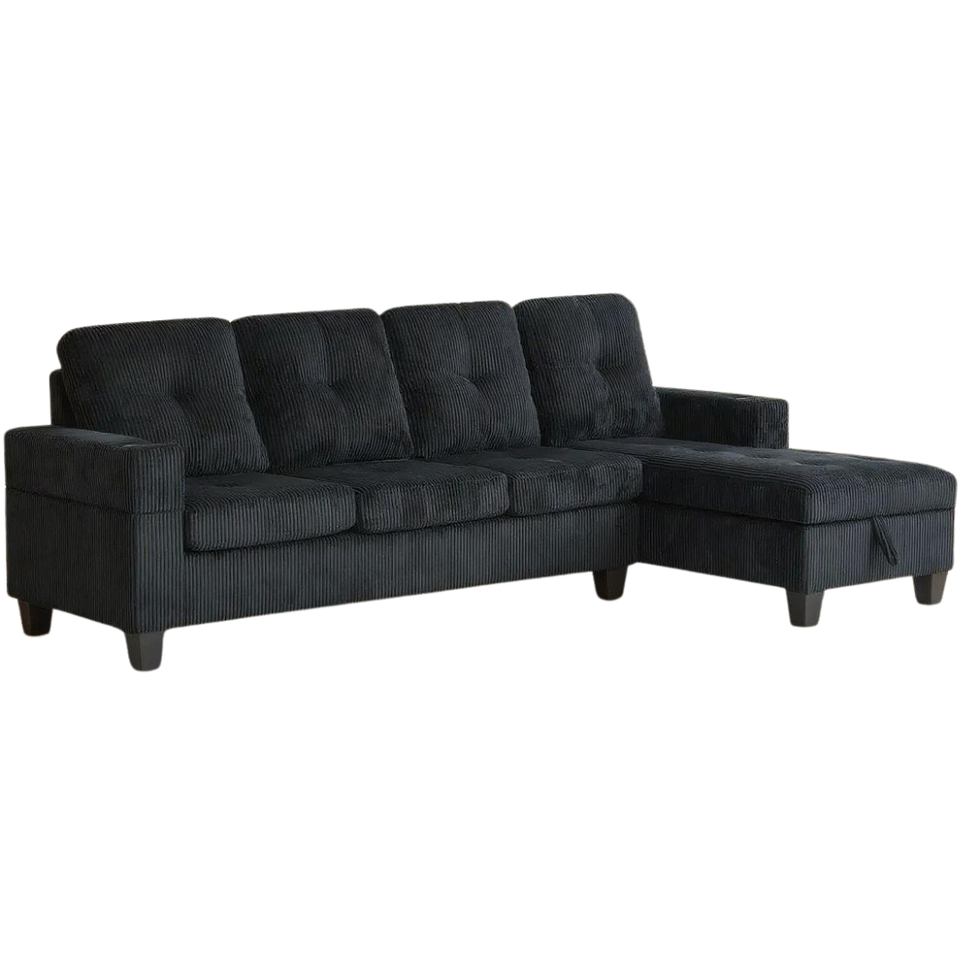 Mara – Canapé avec méridienne de rangement – Tissu en velours côtelé noir