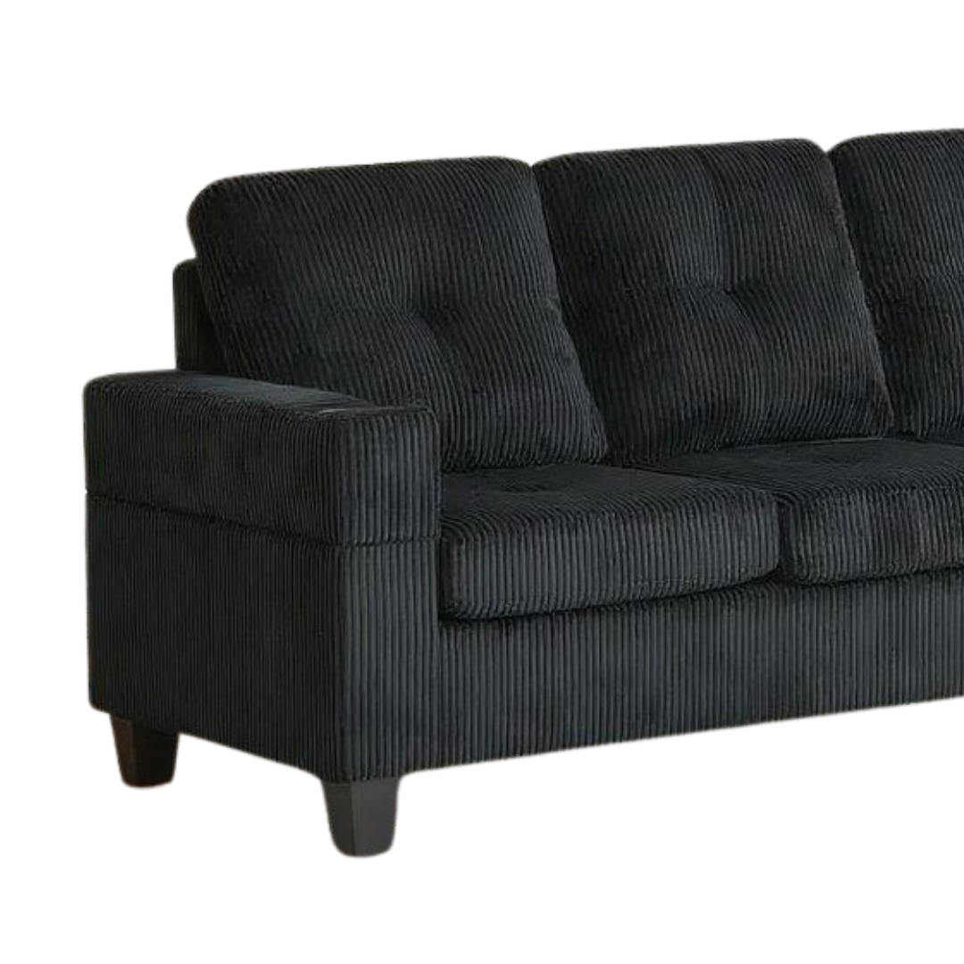 Mara – Canapé avec méridienne de rangement – Tissu en velours côtelé noir