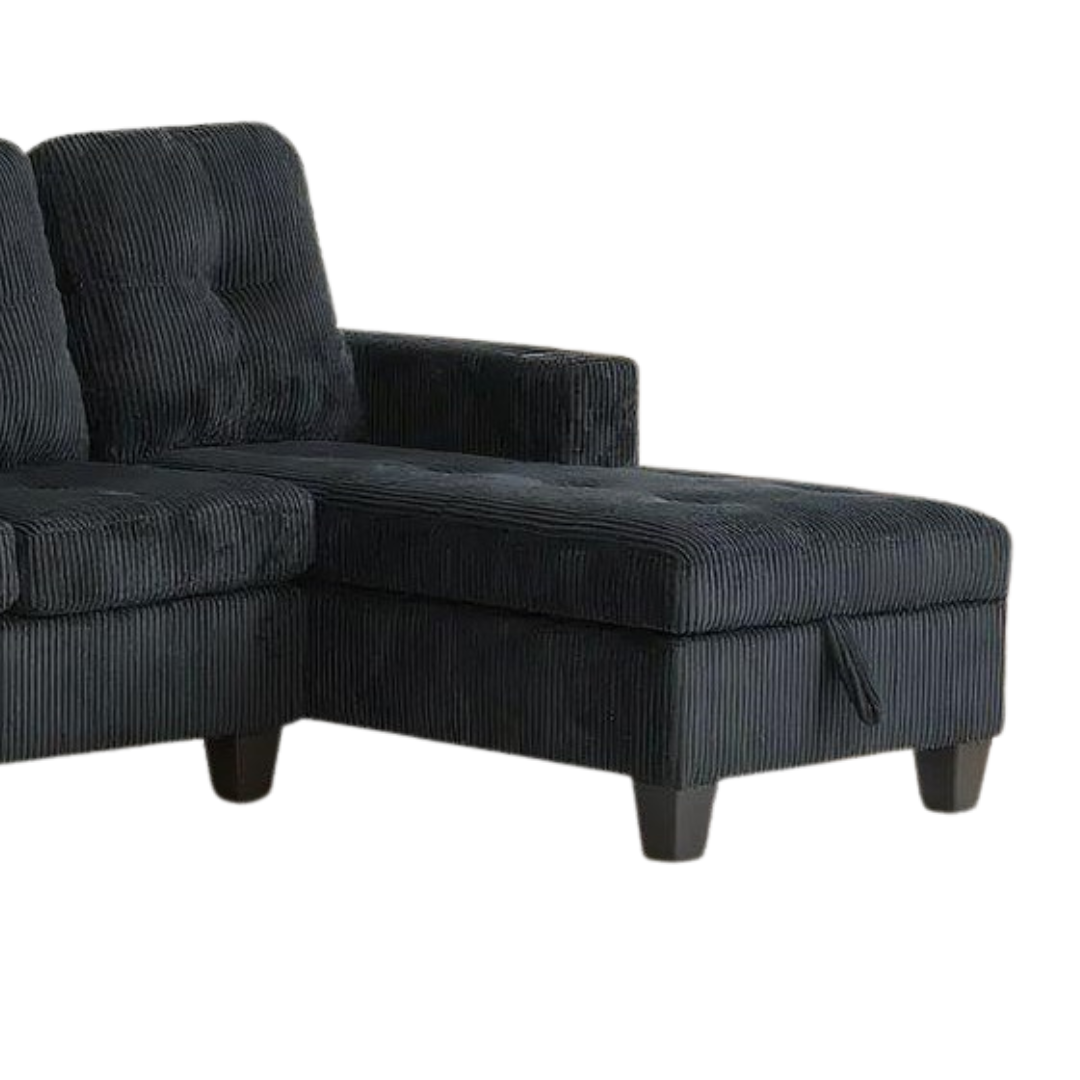 Mara – Canapé avec méridienne de rangement – Tissu en velours côtelé noir