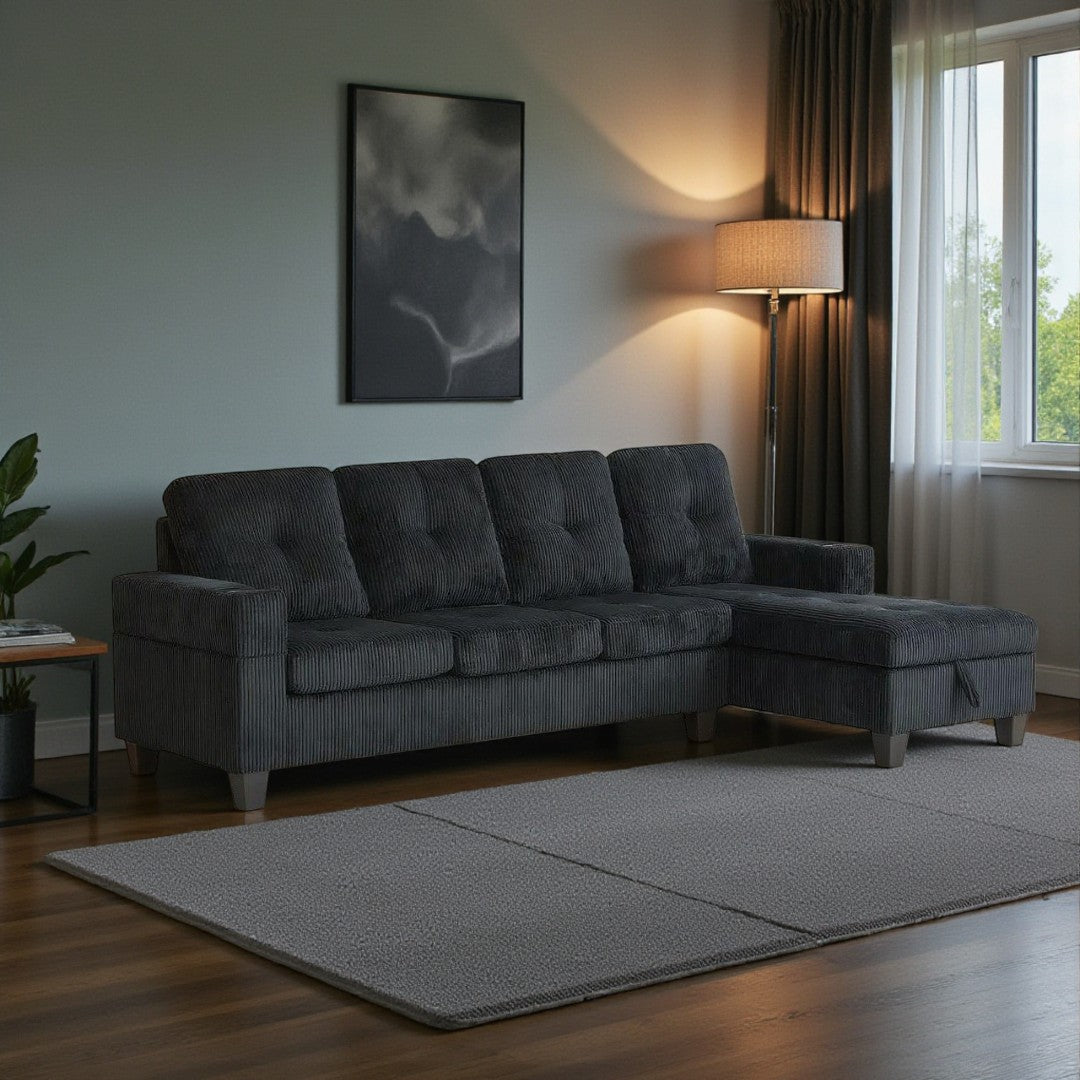 Mara – Sofa with Storage Chaise – Black Corduroy Fabric