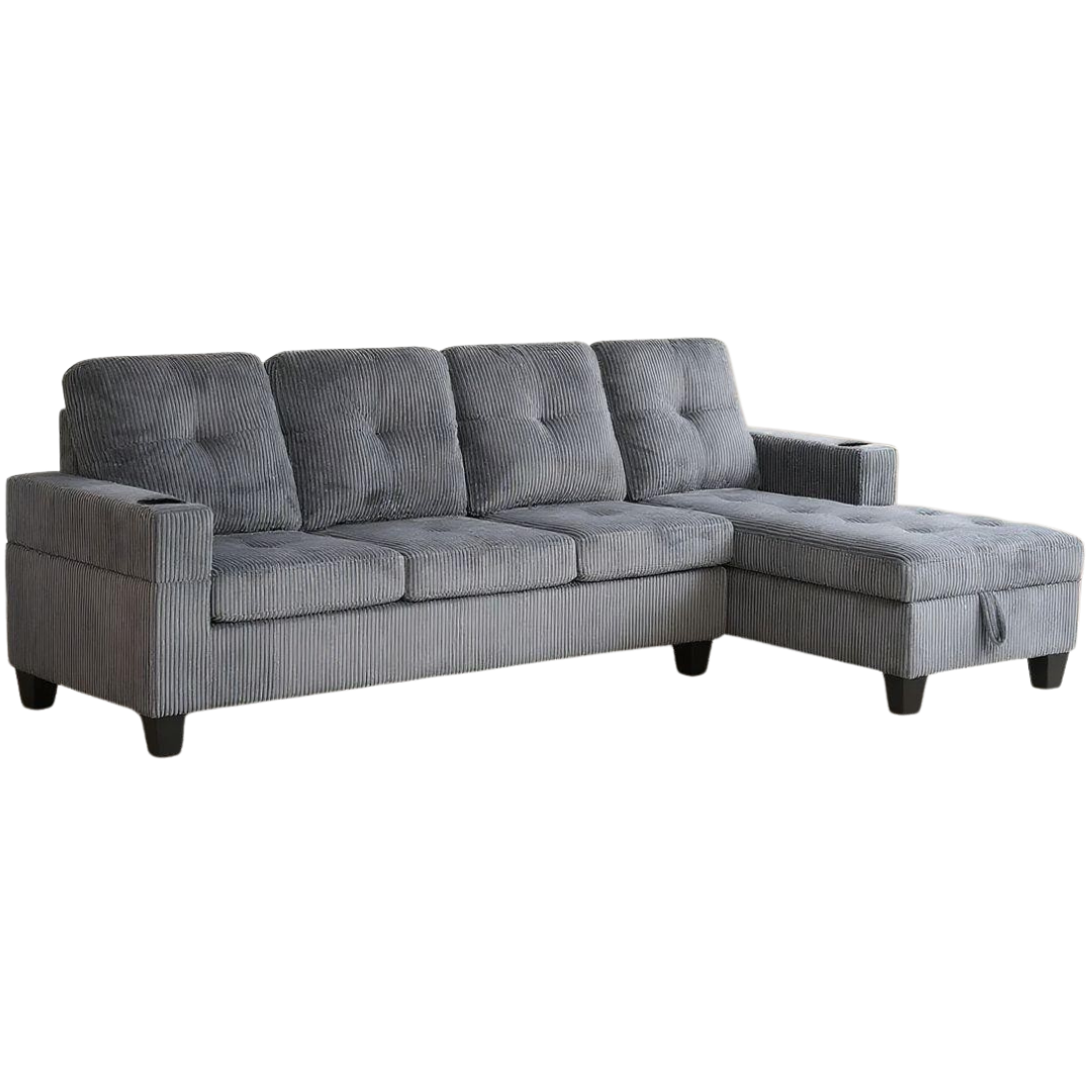 Mara – Canapé avec méridienne de rangement – Tissu velours côtelé gris