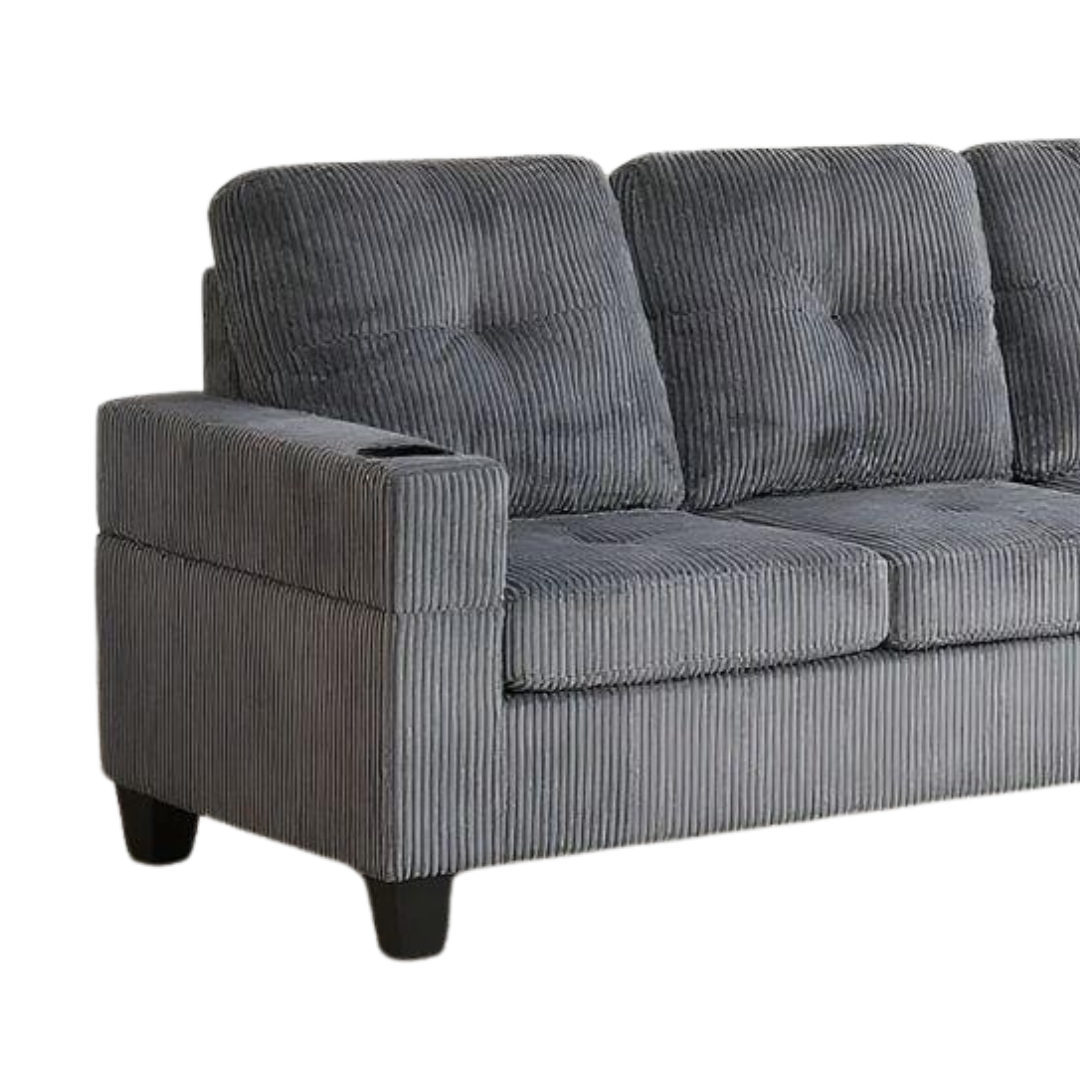 Mara – Canapé avec méridienne de rangement – Tissu velours côtelé gris