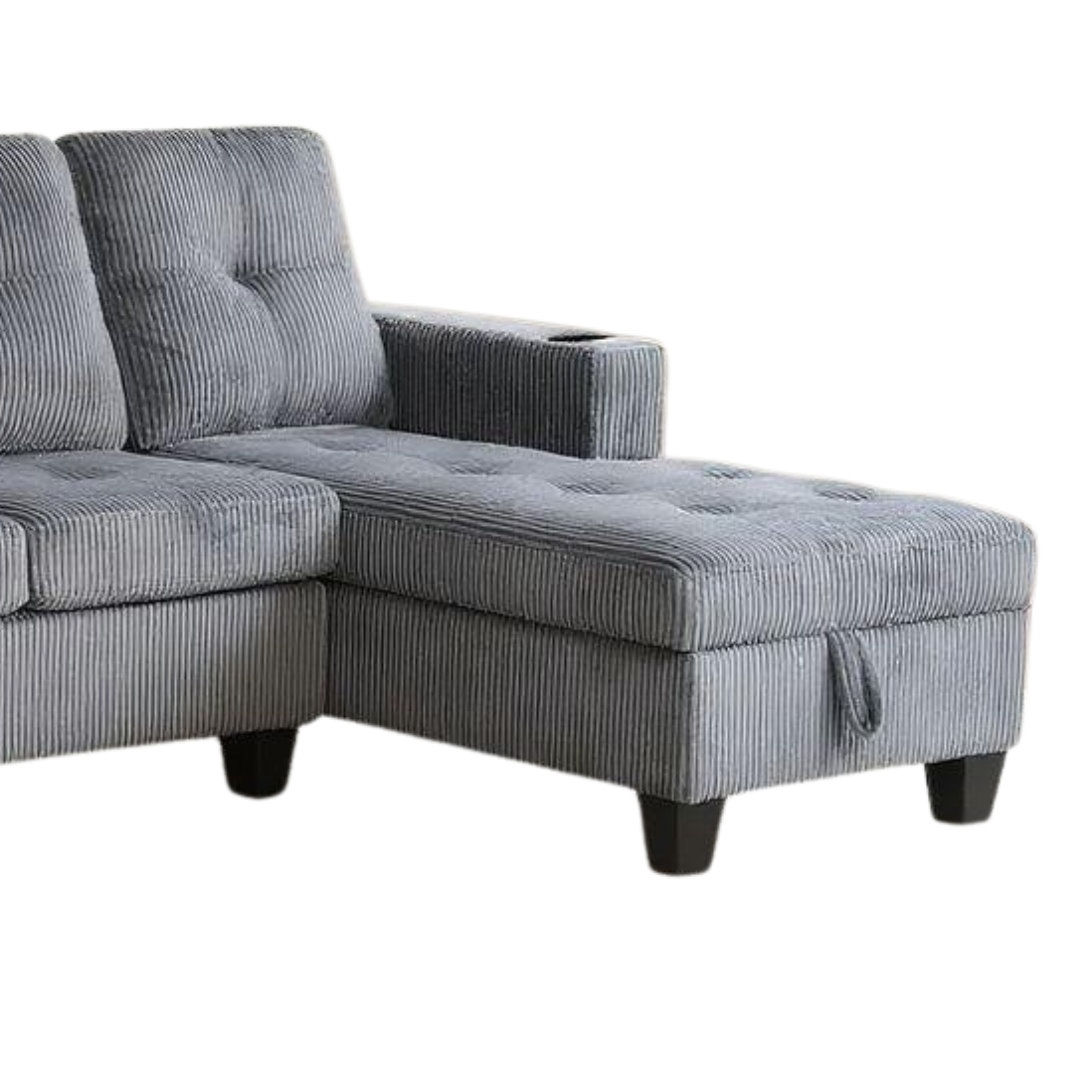 Mara – Canapé avec méridienne de rangement – Tissu velours côtelé gris