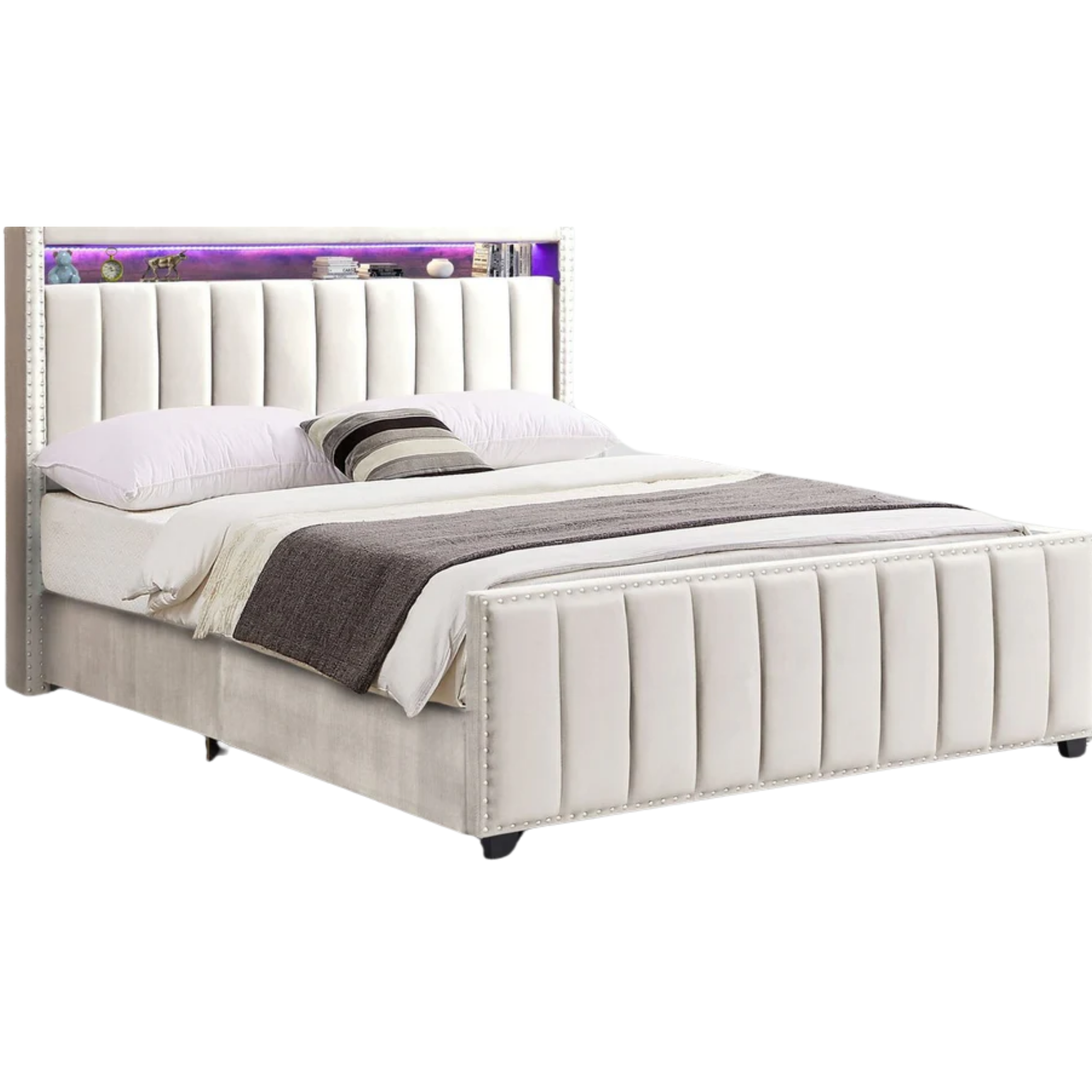 Queen Bed – Velvet Upholstered Bed Frame with Storage & USB Ports MARK