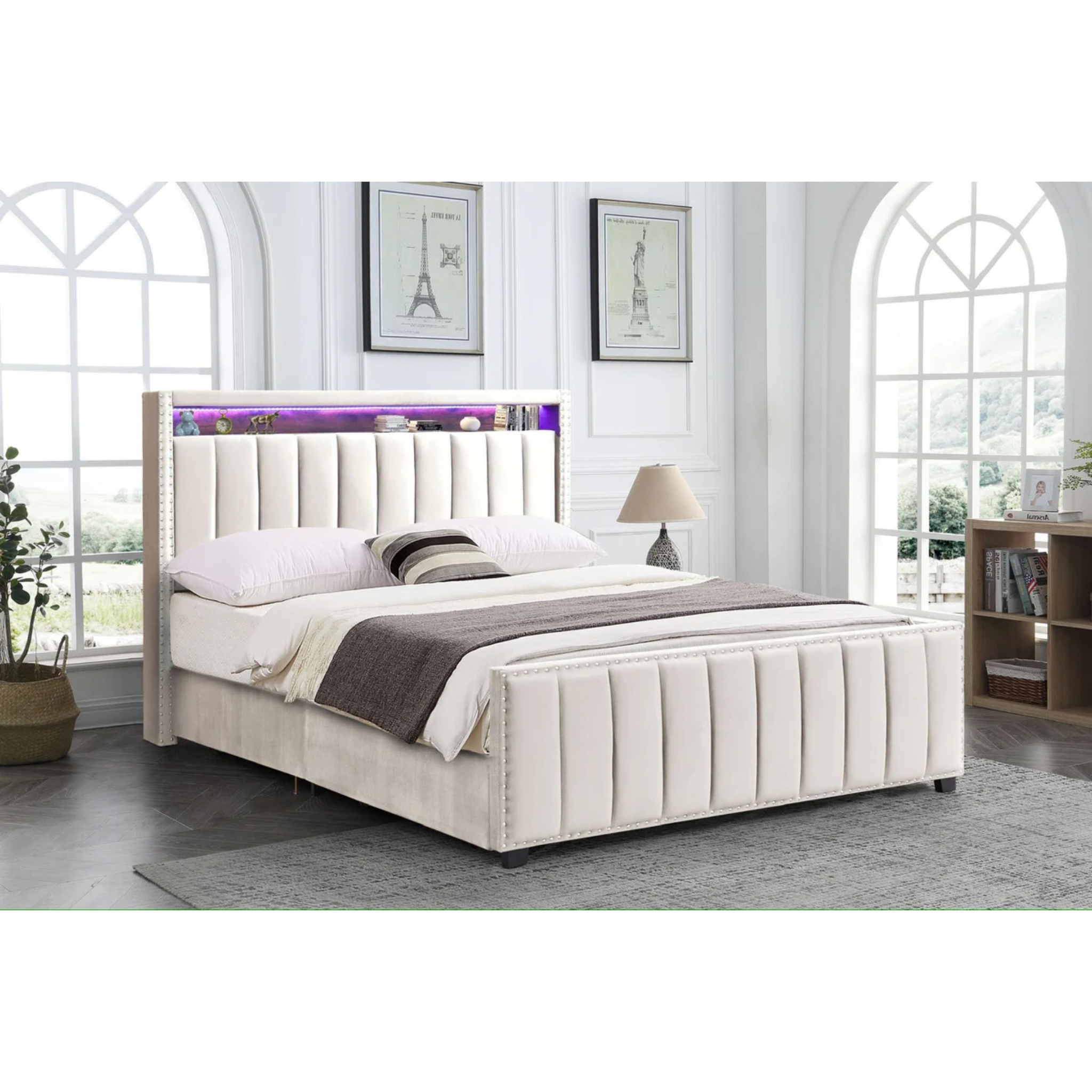 Queen Bed – Velvet Upholstered Bed Frame with Storage & USB Ports MARK