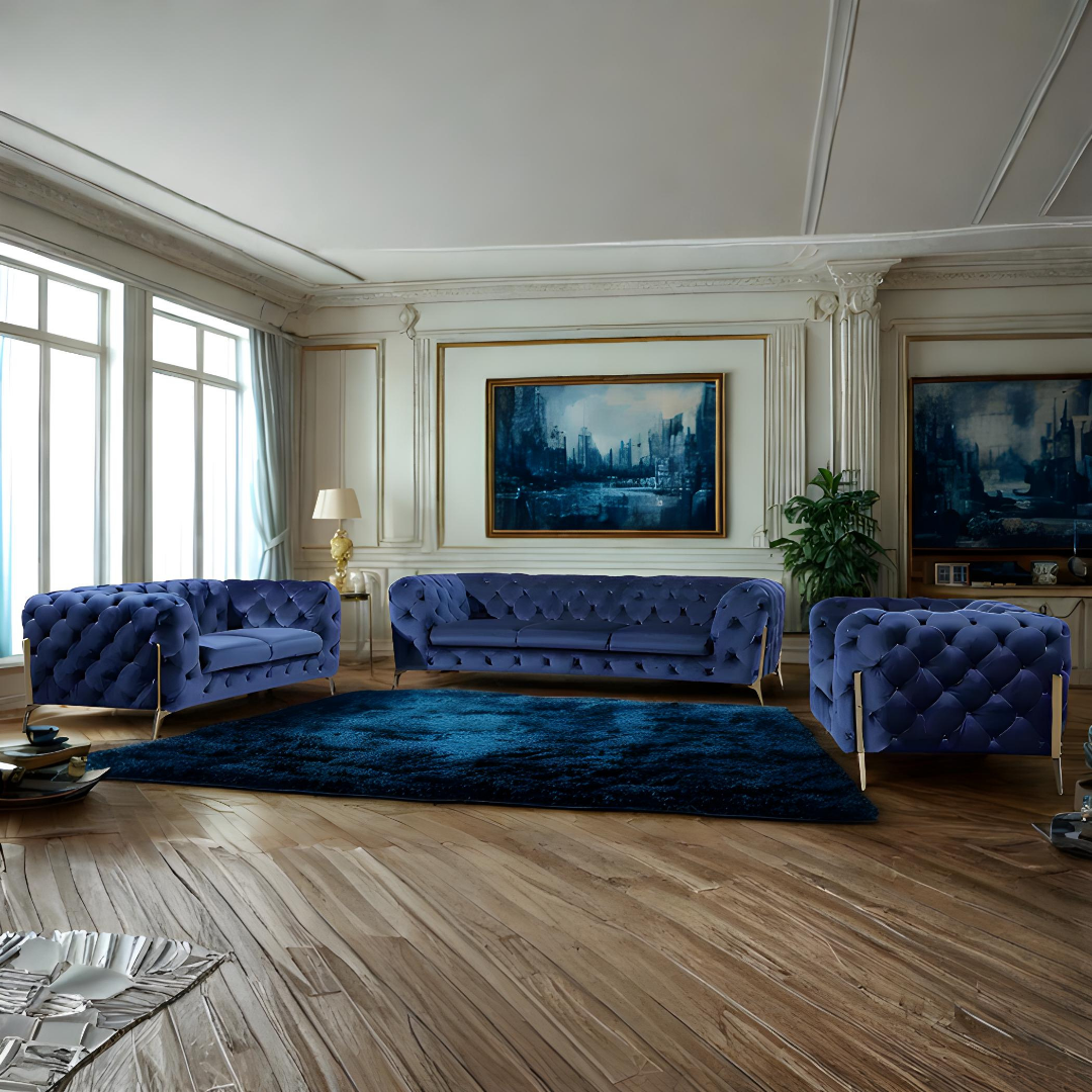 Maros – Velvet Tufted Sofa Set – Blue