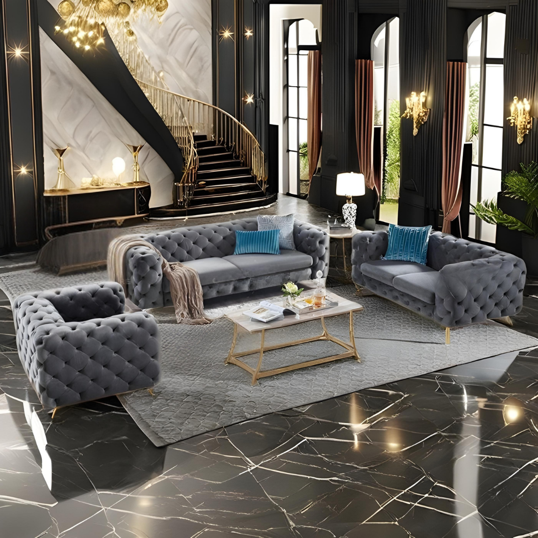 Maros – Velvet Tufted Sofa Set – Grey