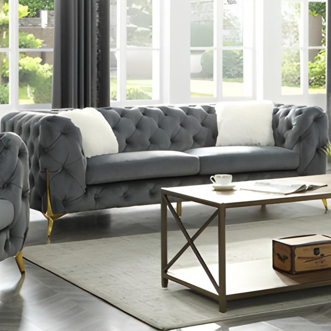 Maros – Velvet Tufted Sofa Set – Grey