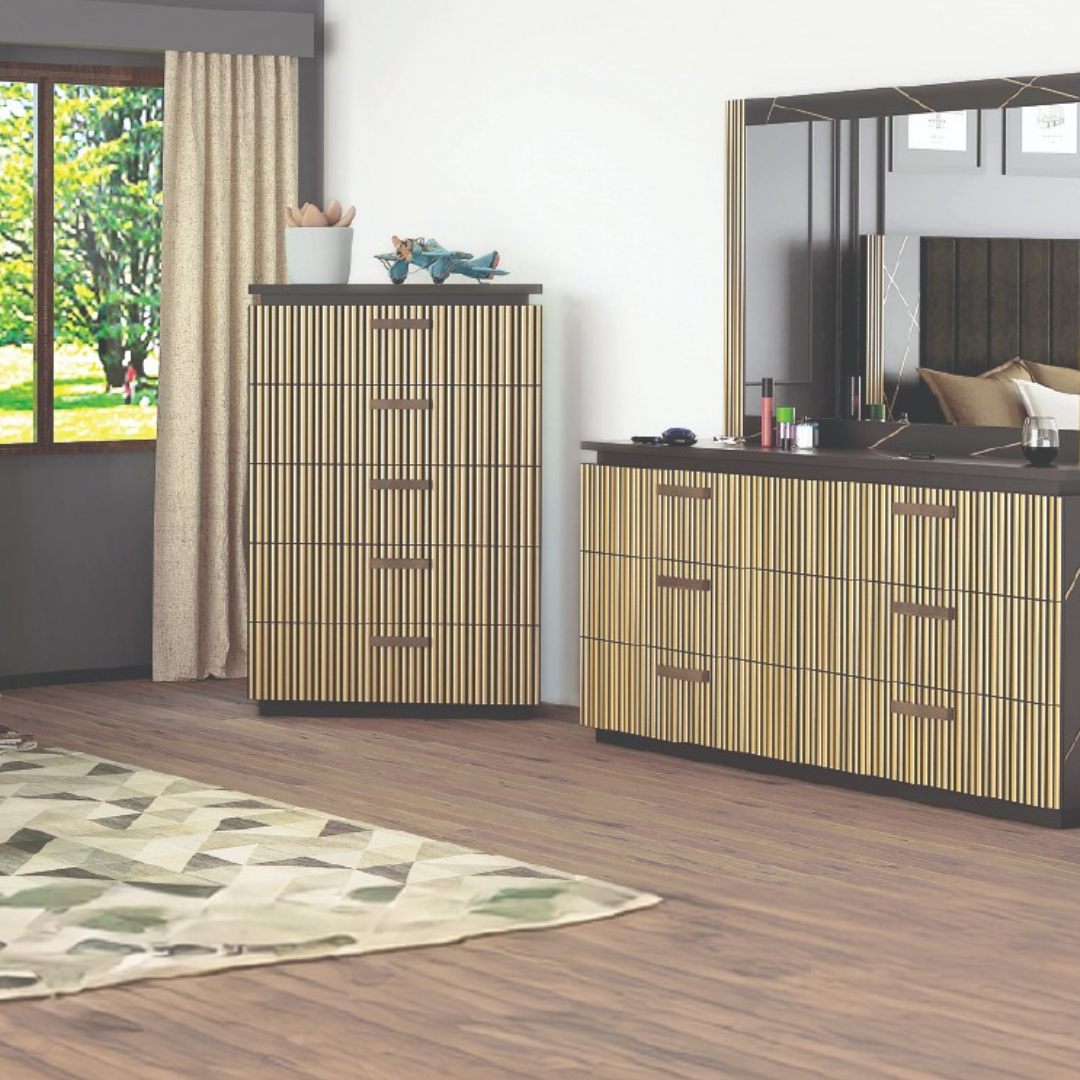 Ensemble chambre queen Marquess 6 pièces noir or brossé bois de manguier massif – Bonito Montréal