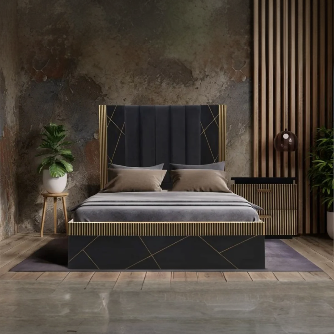 Ensemble chambre queen Marquess 6 pièces noir or brossé bois de manguier massif – Bonito Montréal