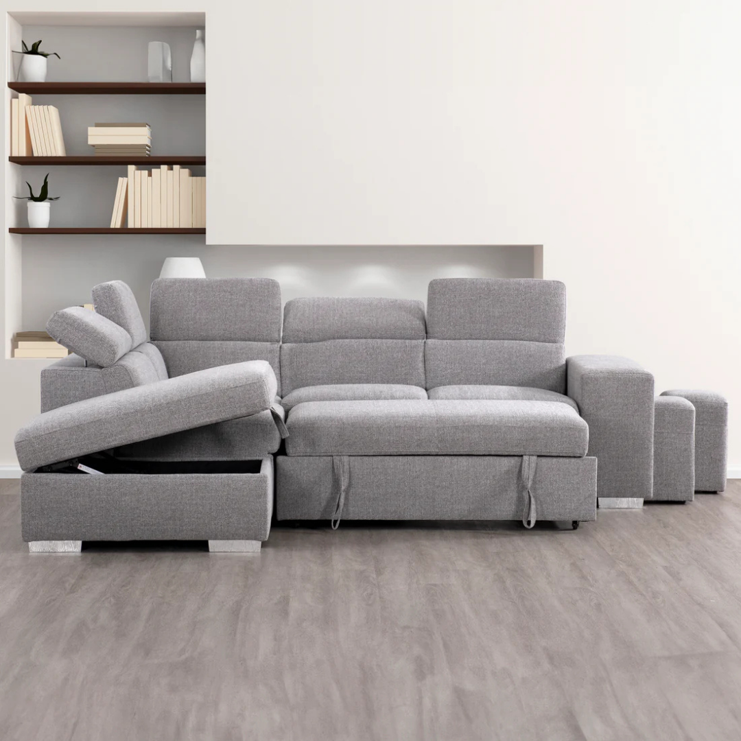Melaro – Canapé d'angle lit Spfa avec rangement – Gris (méridienne gauche)