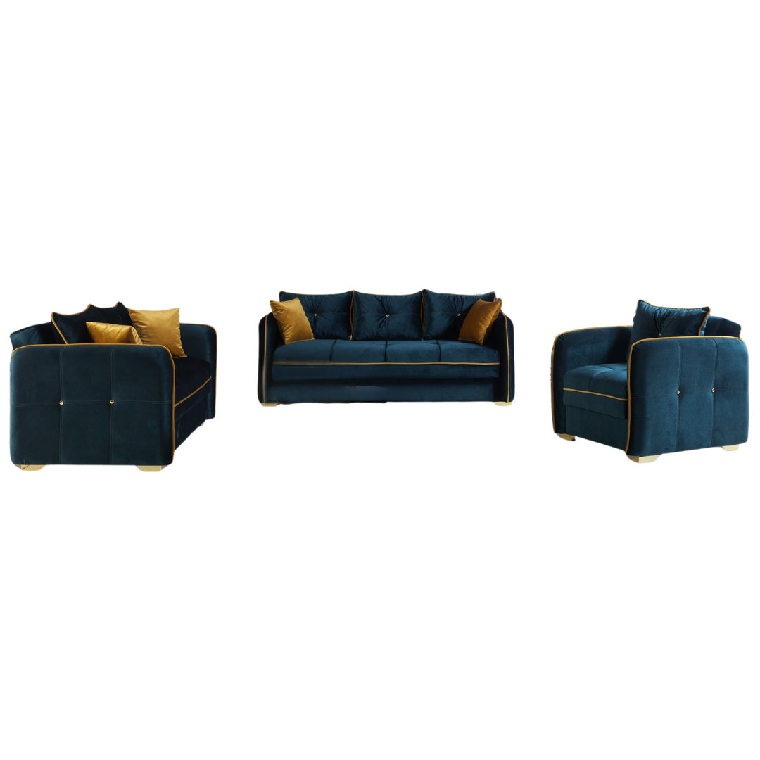 Milan – Velvet Living Room Set – Gold Accents – Blue