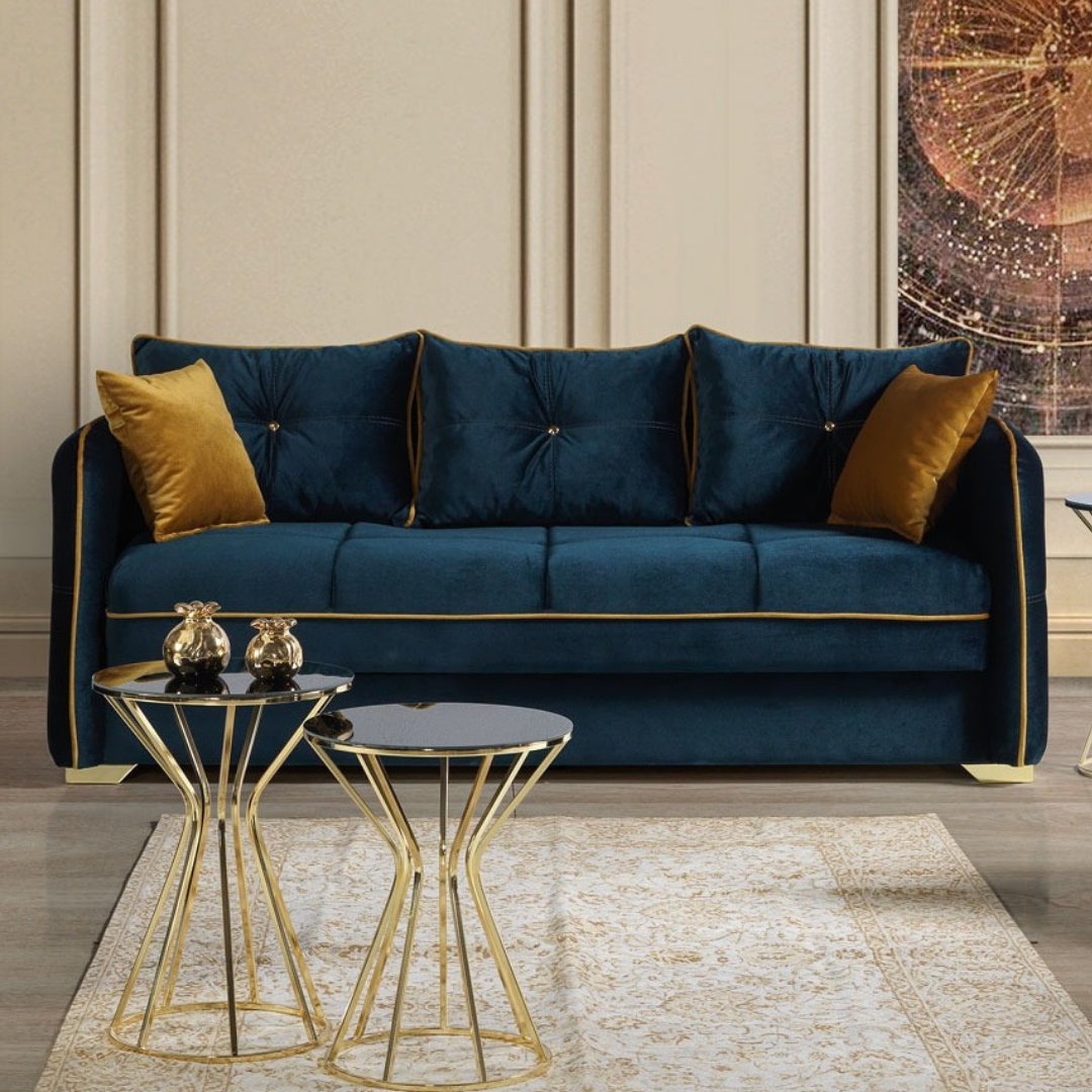 Milan – Velvet Living Room Set – Gold Accents – Blue