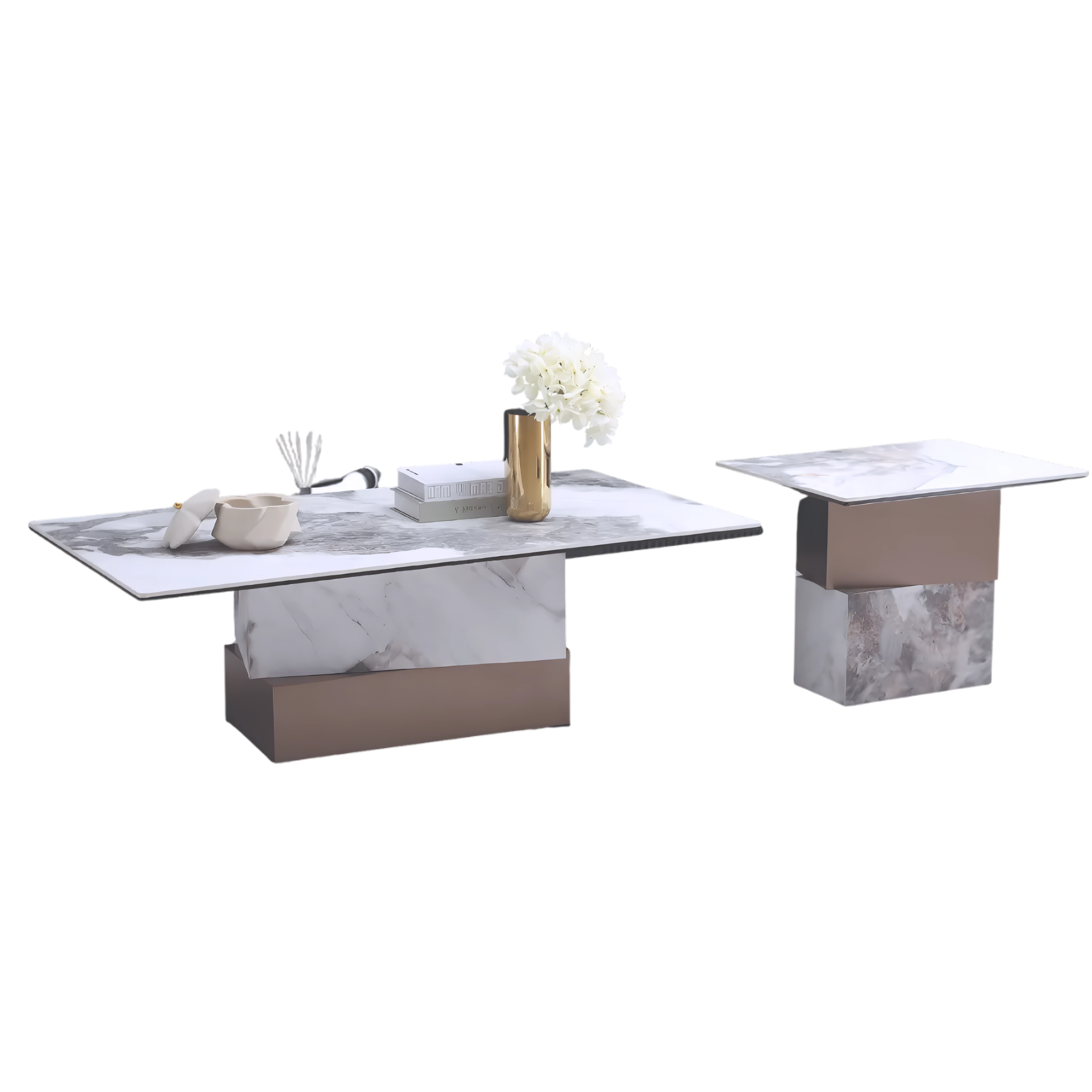 Mistrion – Table basse et table d'appoint en marbre – Pied en laiton