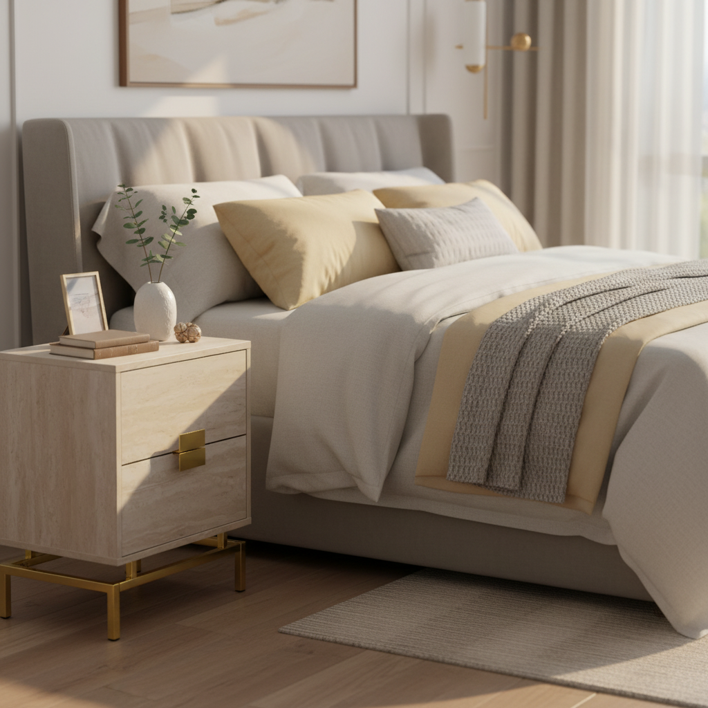 Moderna – Table de chevet – Marbre beige / Métal doré