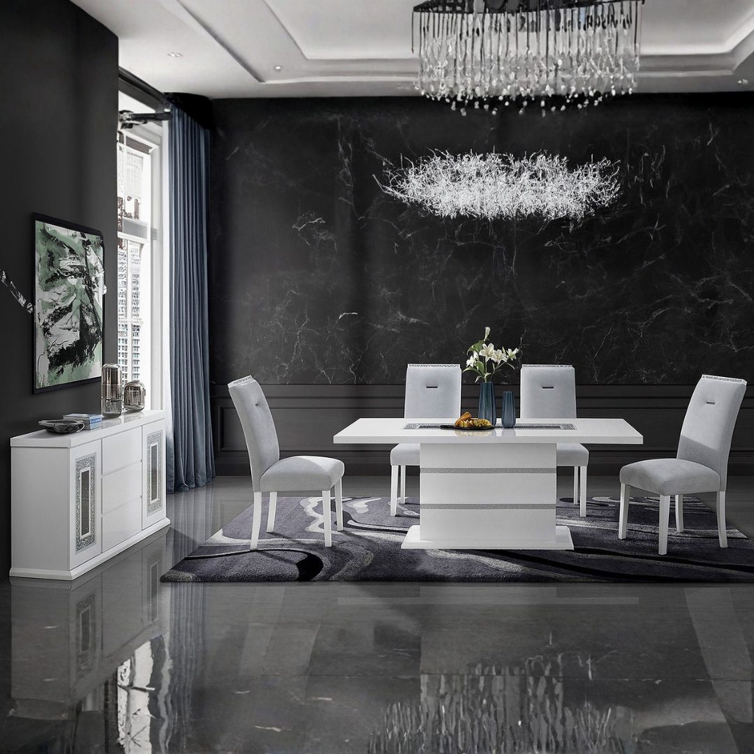 Verona – Ensemble de salle à manger – Blanc laqué / Velours gris