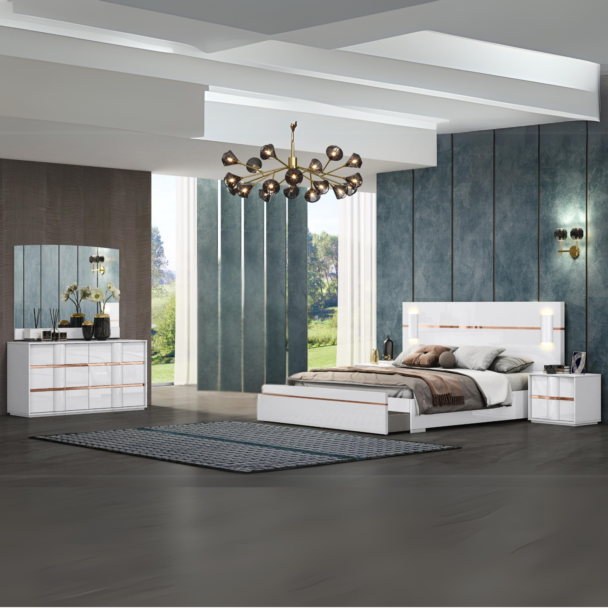 King Bedroom Set - Munich White and Gold with LED Headboard & Footboard Storage