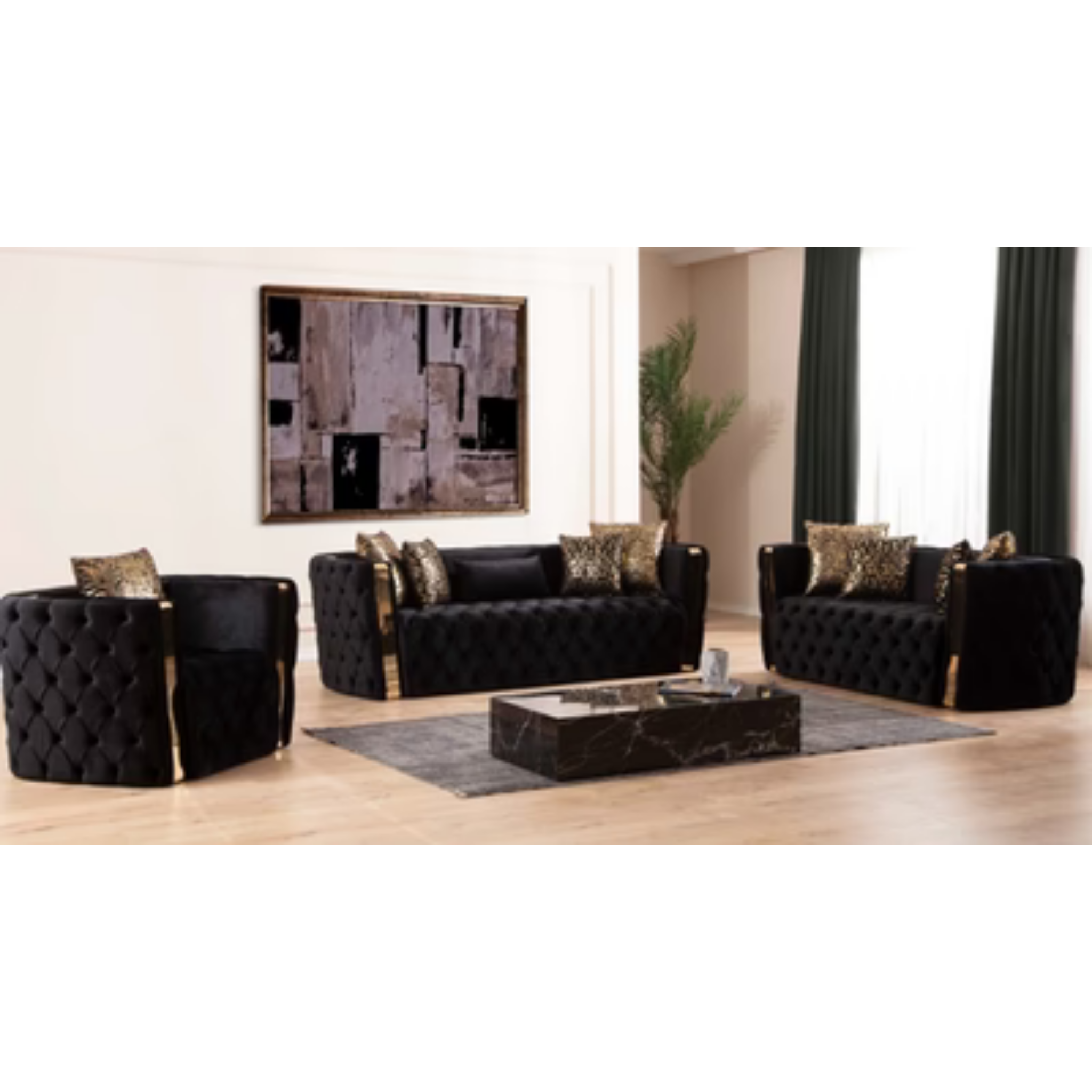 NAOMI - Ensemble de canapés 3 pièces en velours noir