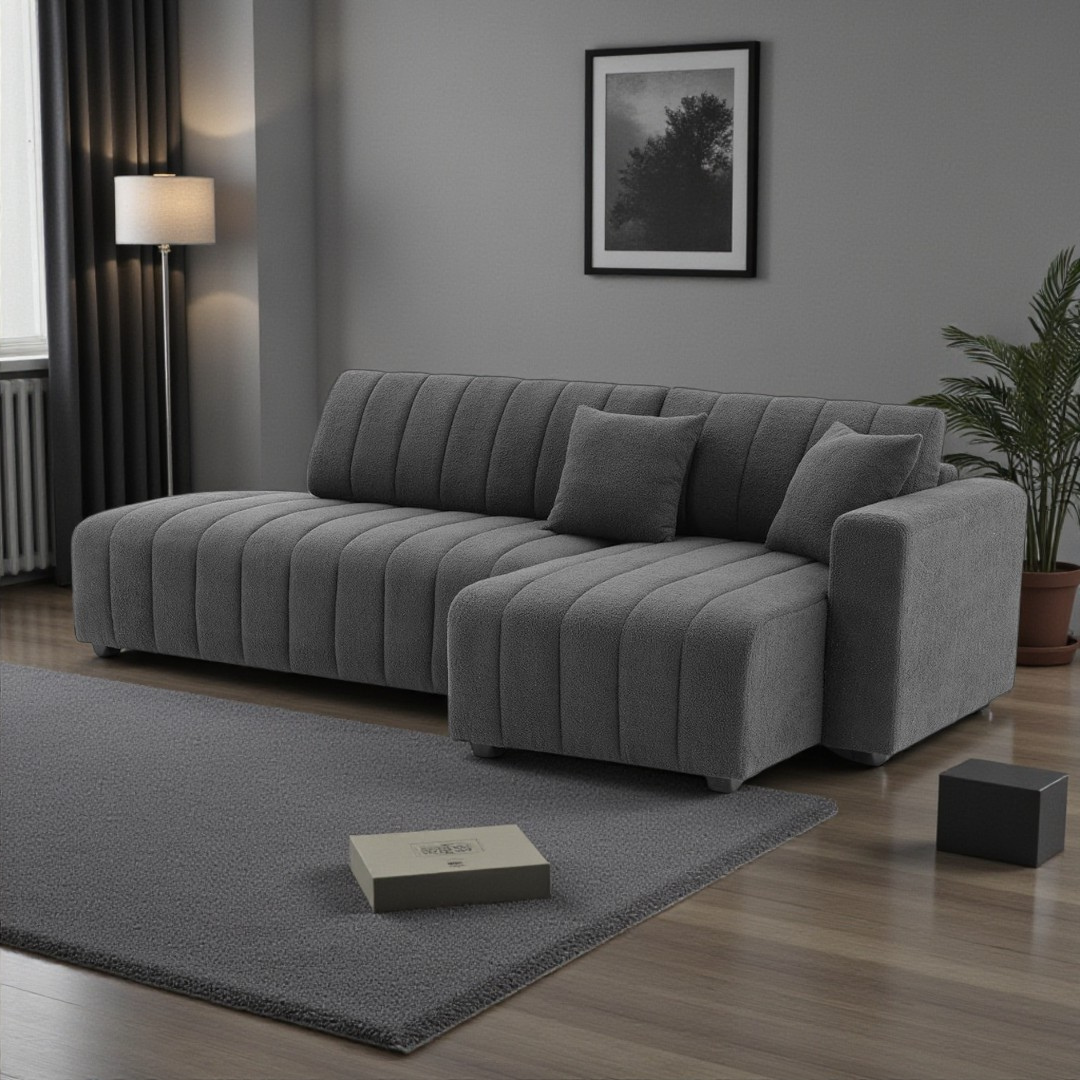 Narao – Right-Facing Chaise Sectional – Grey Velvet Fabric