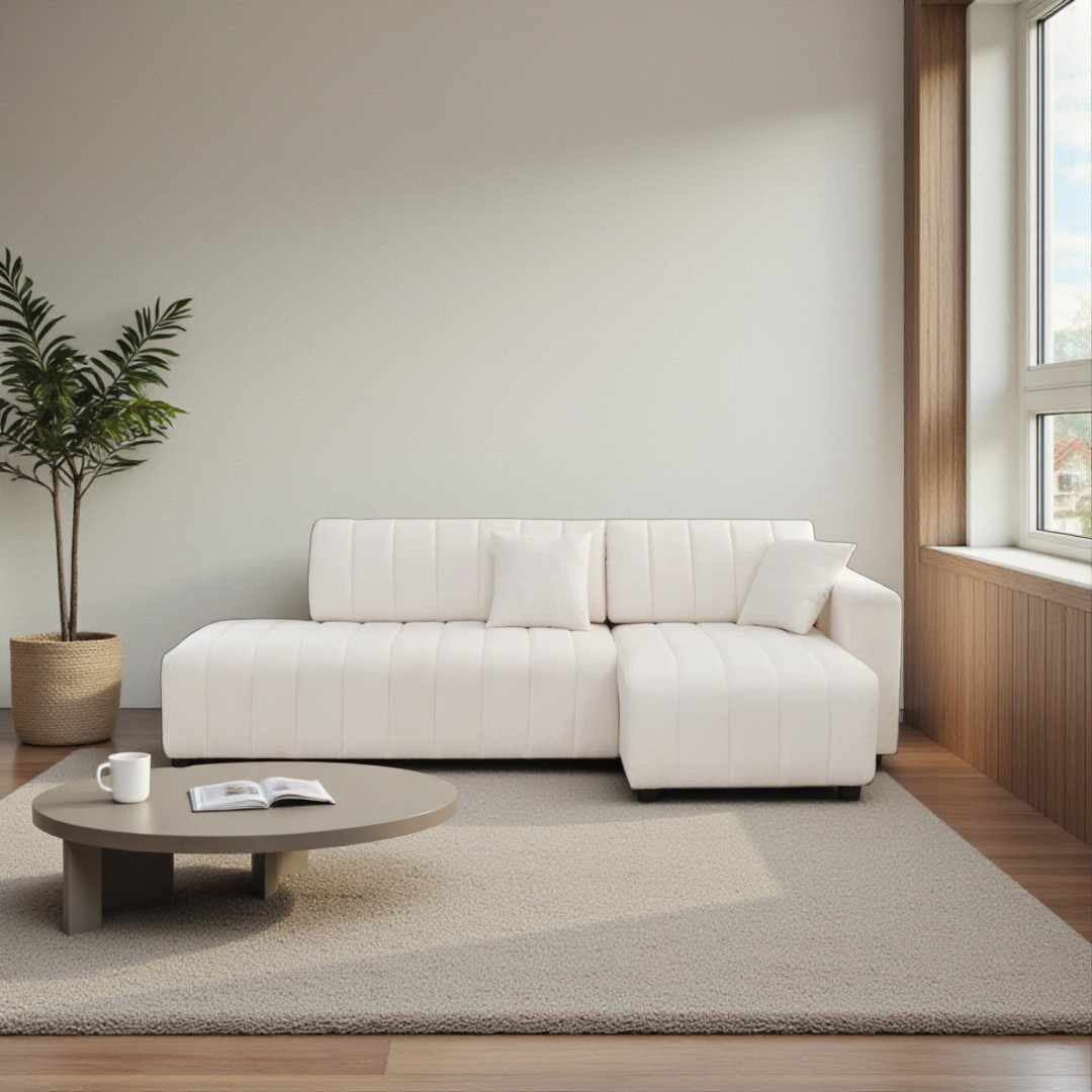 Narao – Right-Facing Chaise Sectional – White Velvet Fabric