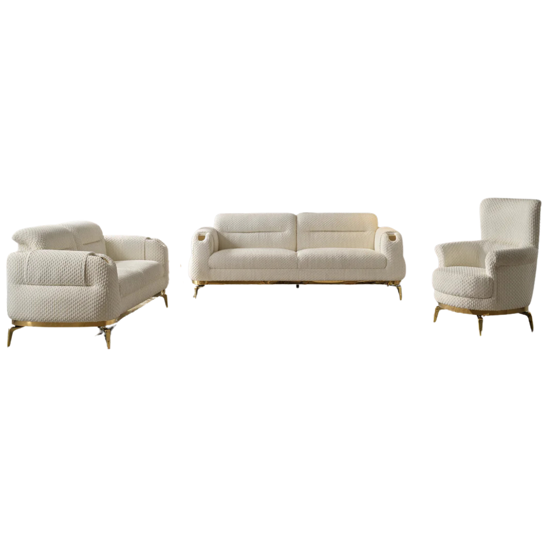 Nayes – Textured Fabric Living Room Set – Gold Legs – Beige
