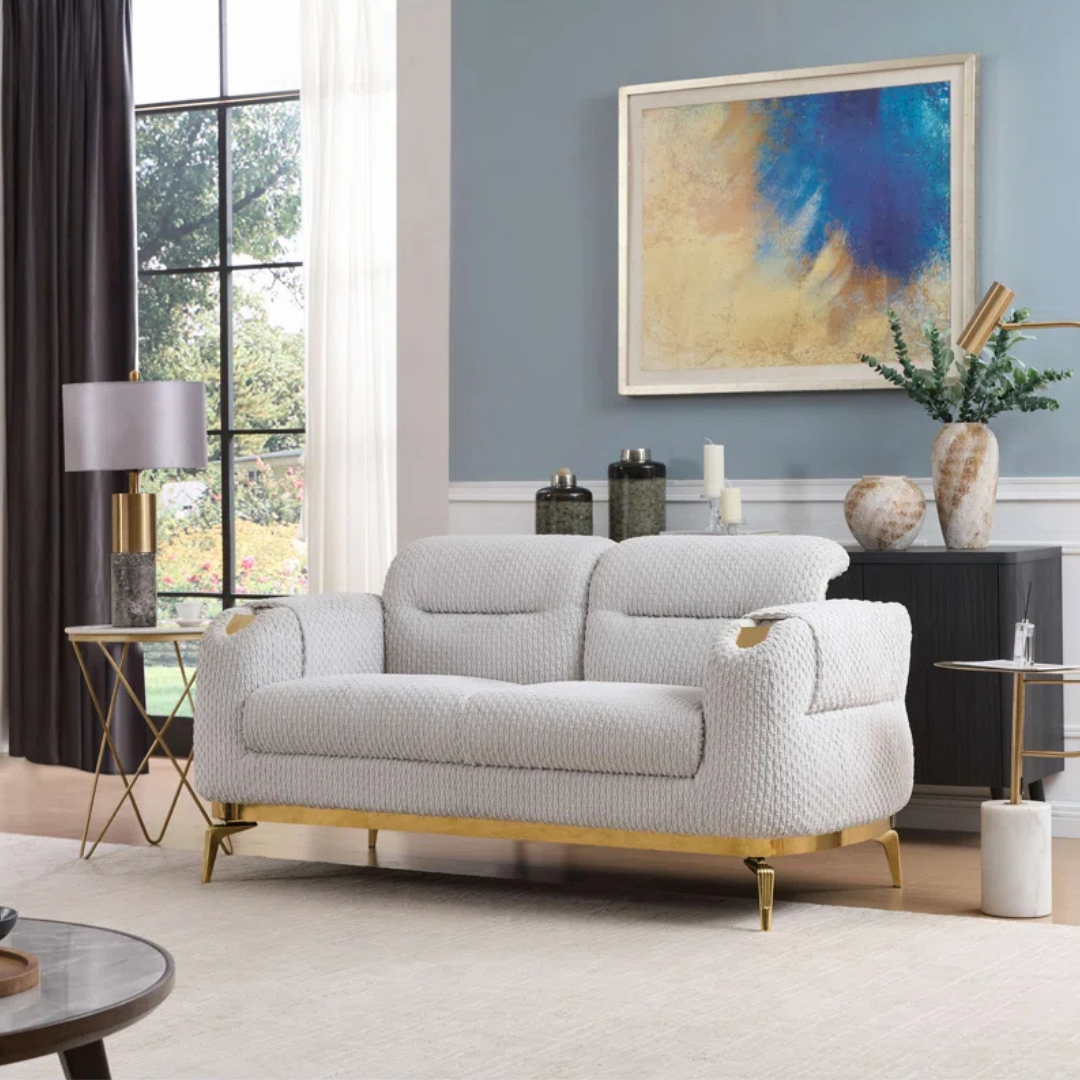 Nayes – Textured Fabric Living Room Set – Gold Legs – Beige