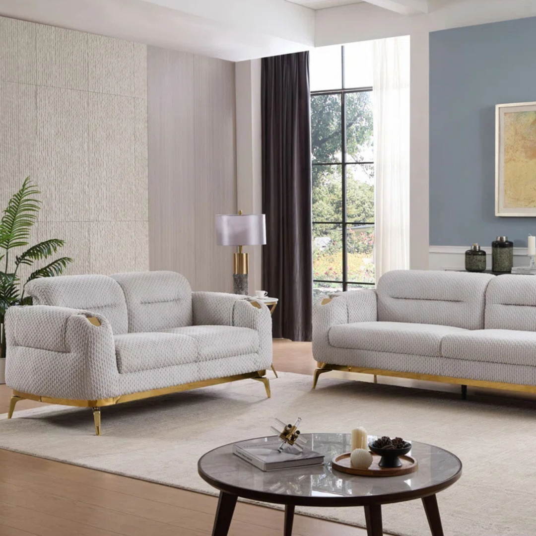 Nayes – Textured Fabric Living Room Set – Gold Legs – Beige
