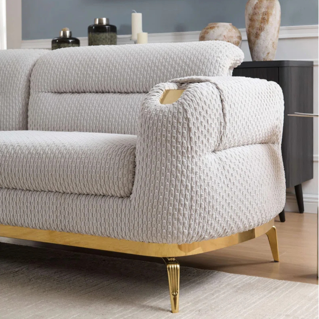 Nayes – Textured Fabric Living Room Set – Gold Legs – Beige