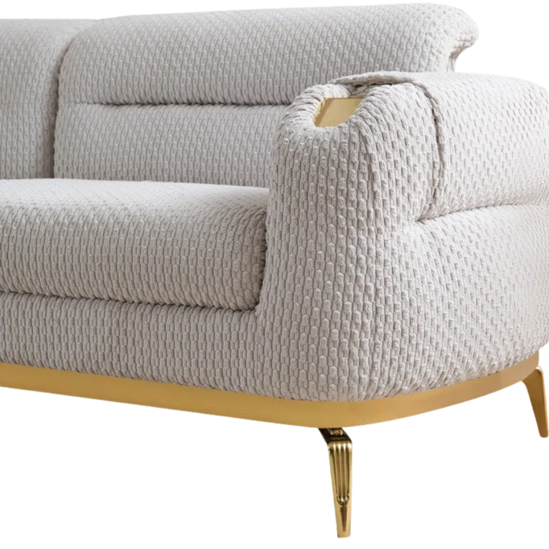 Nayes – Textured Fabric Living Room Set – Gold Legs – Beige
