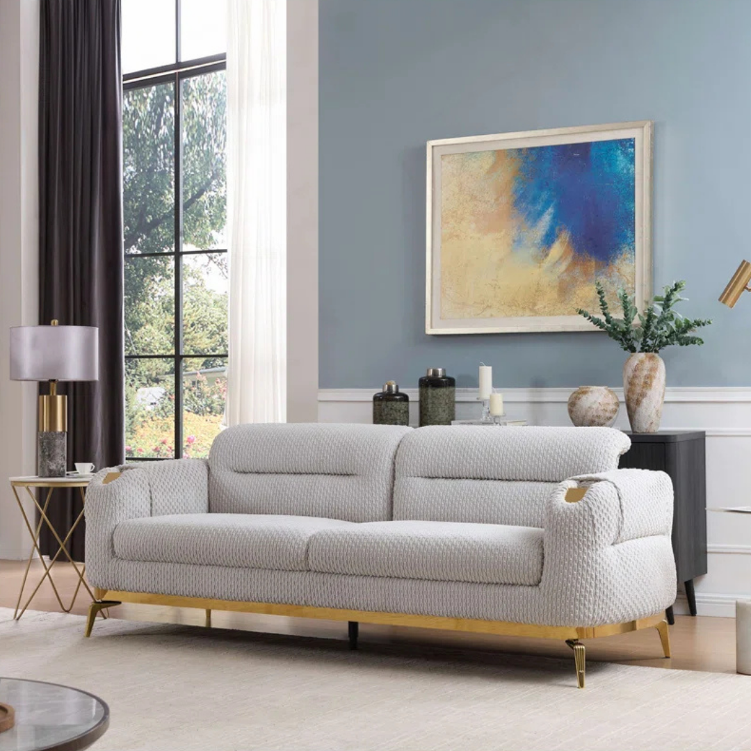 Nayes – Textured Fabric Living Room Set – Gold Legs – Beige