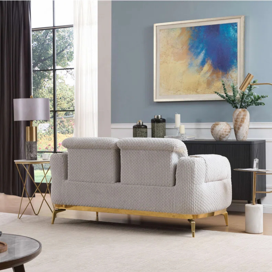 Nayes – Textured Fabric Living Room Set – Gold Legs – Beige