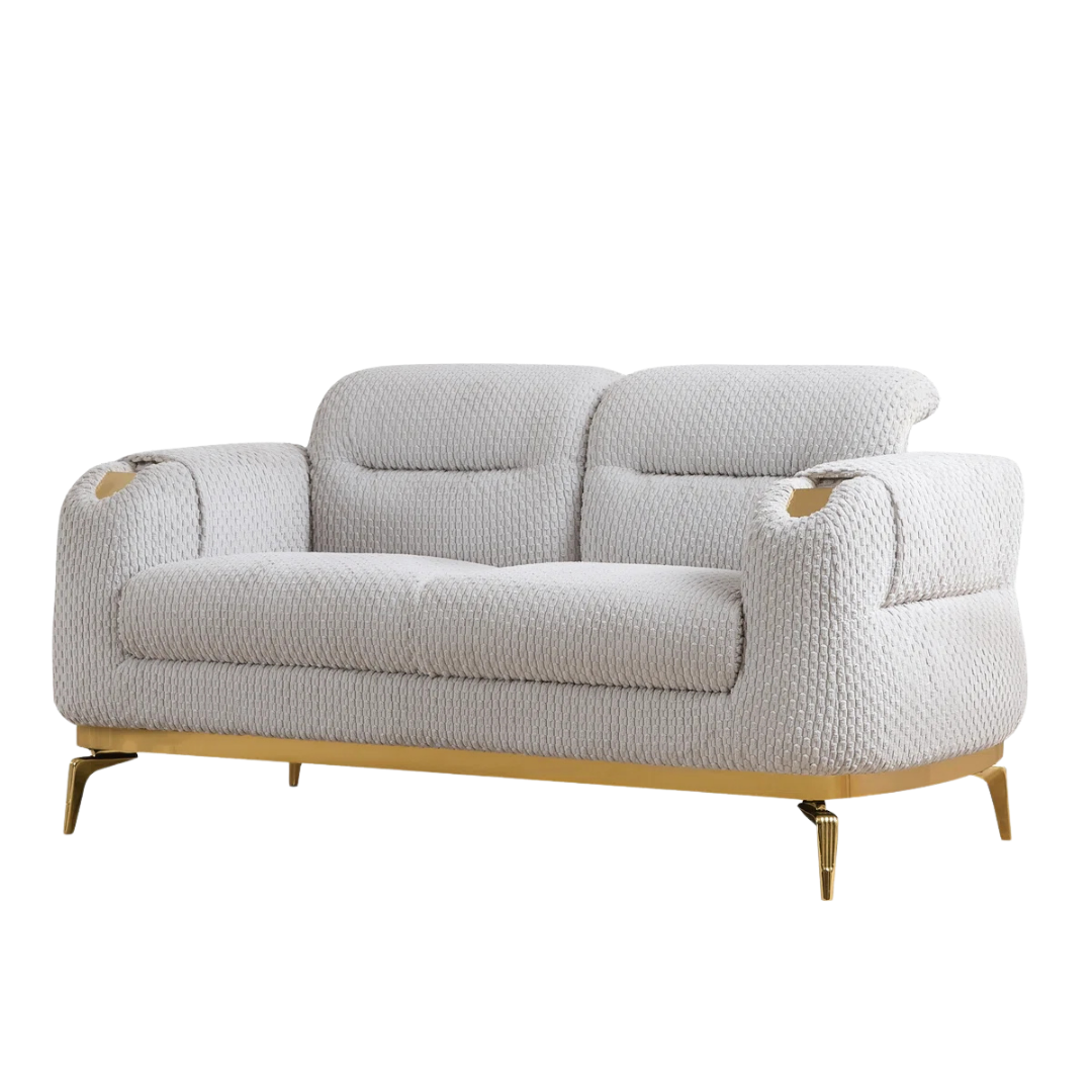 Nayes – Textured Fabric Living Room Set – Gold Legs – Beige