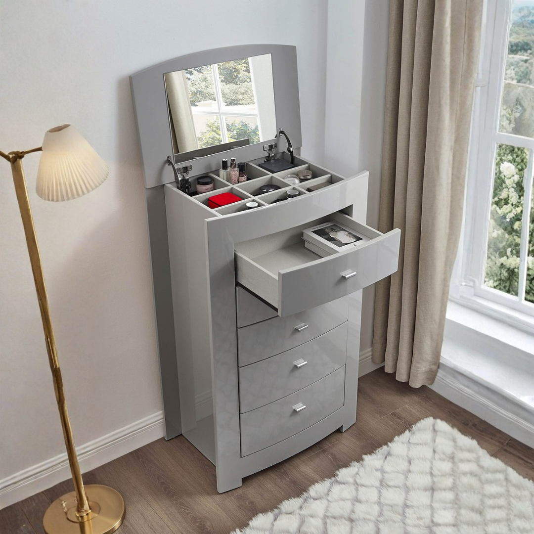 Commode Metropole à 5 tiroirs avec plateau en verre