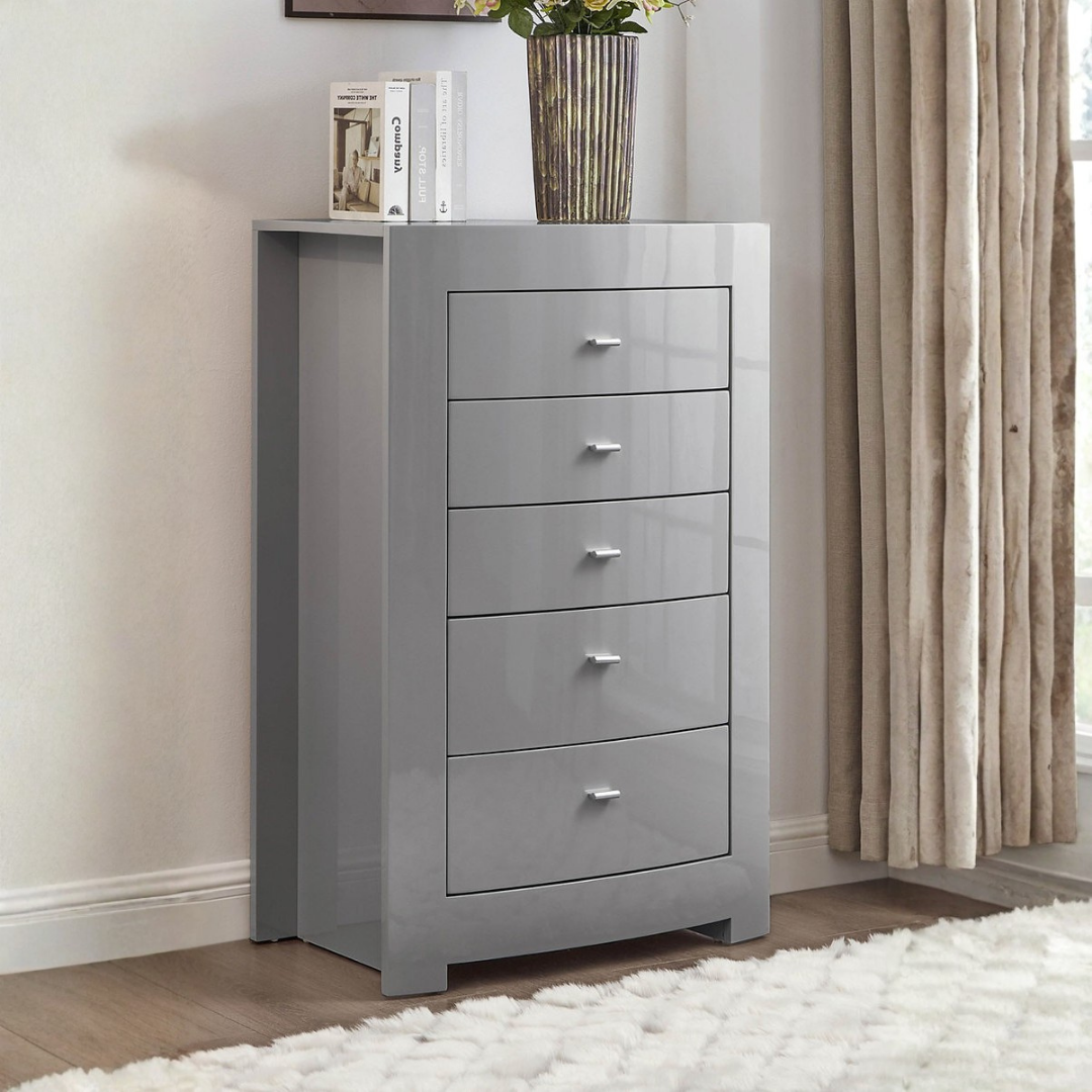 Commode Metropole à 5 tiroirs avec plateau en verre