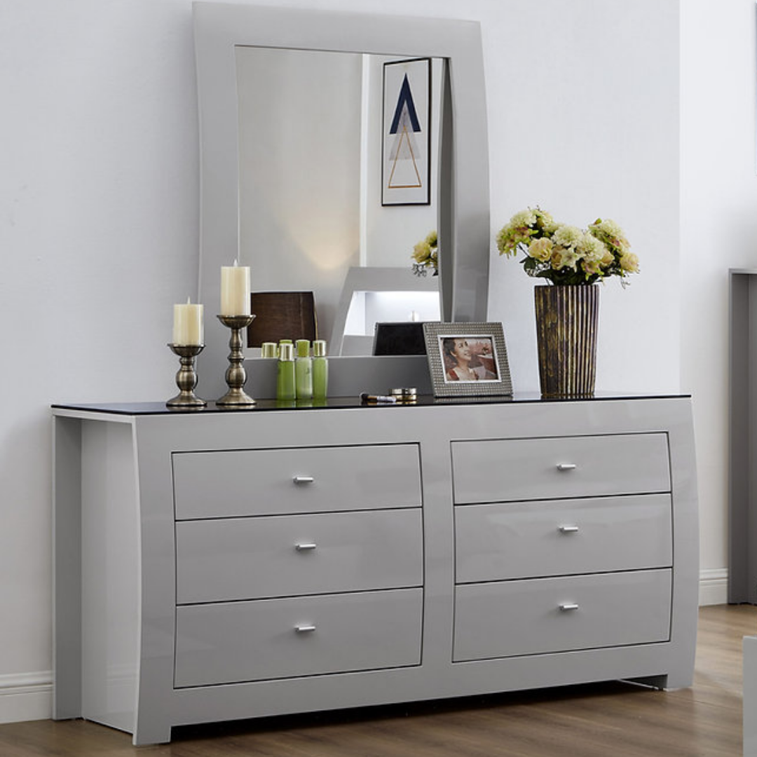 Commode Metropole à 6 tiroirs avec miroir – Gris tourterelle laqué