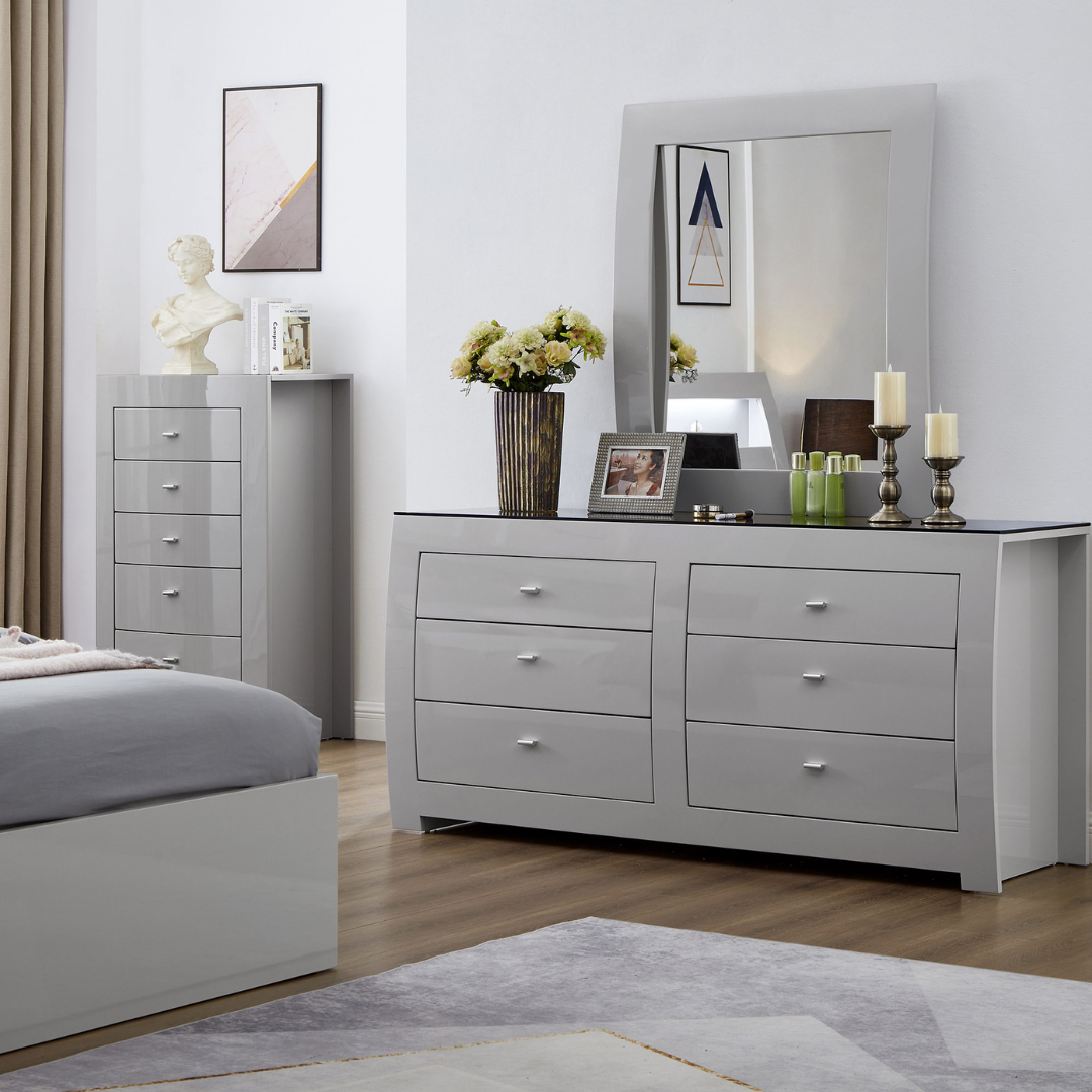 Commode Metropole à 6 tiroirs avec miroir – Gris tourterelle laqué