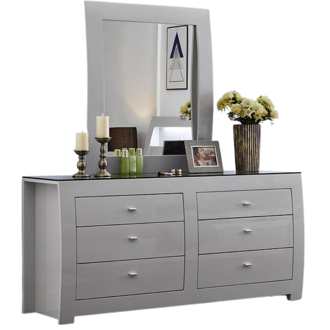 Commode Metropole à 6 tiroirs avec miroir – Gris tourterelle laqué