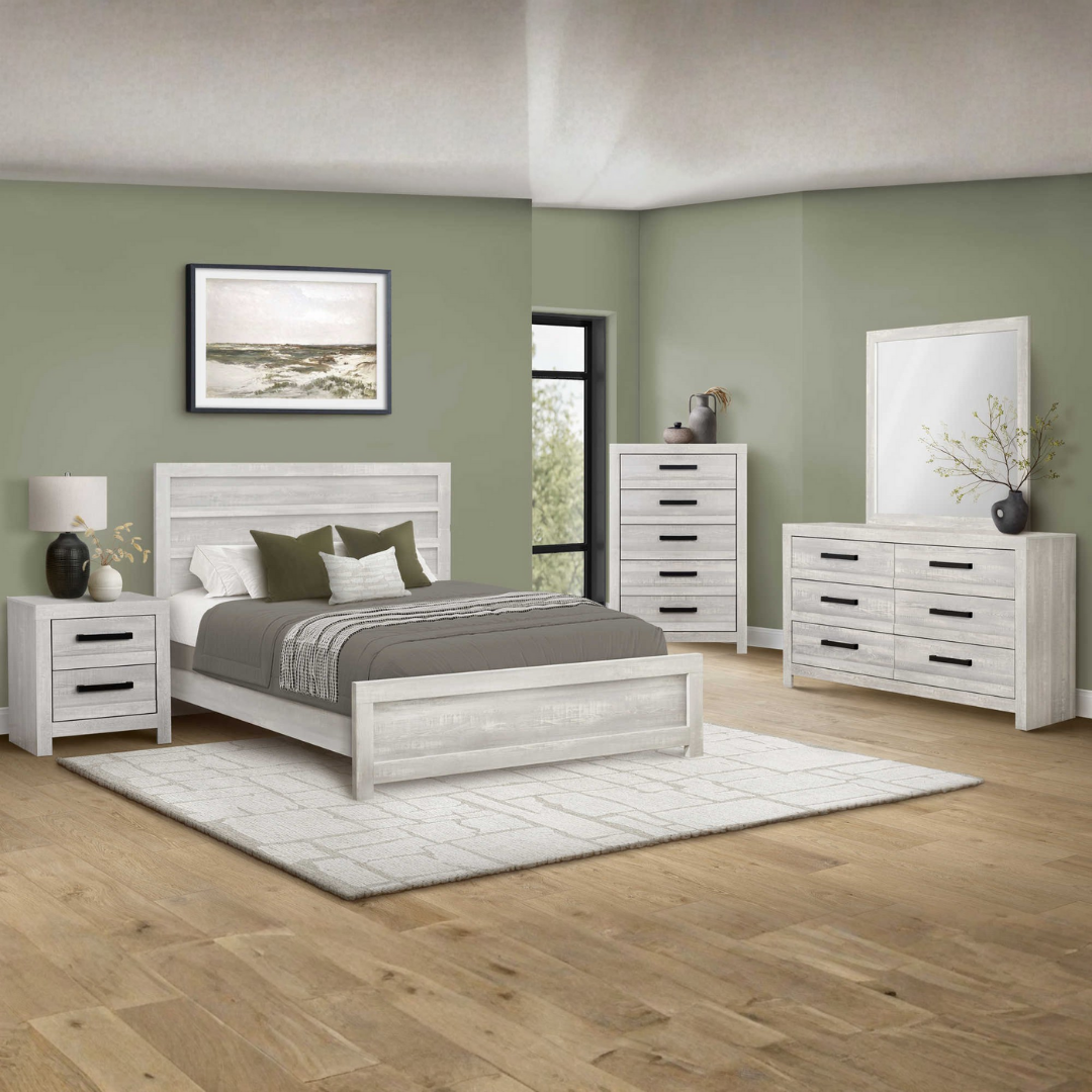 Ensemble chambre à coucher grand lit Nordhollow 6 pièces gris bois texturé moderne – Bonito Montréal