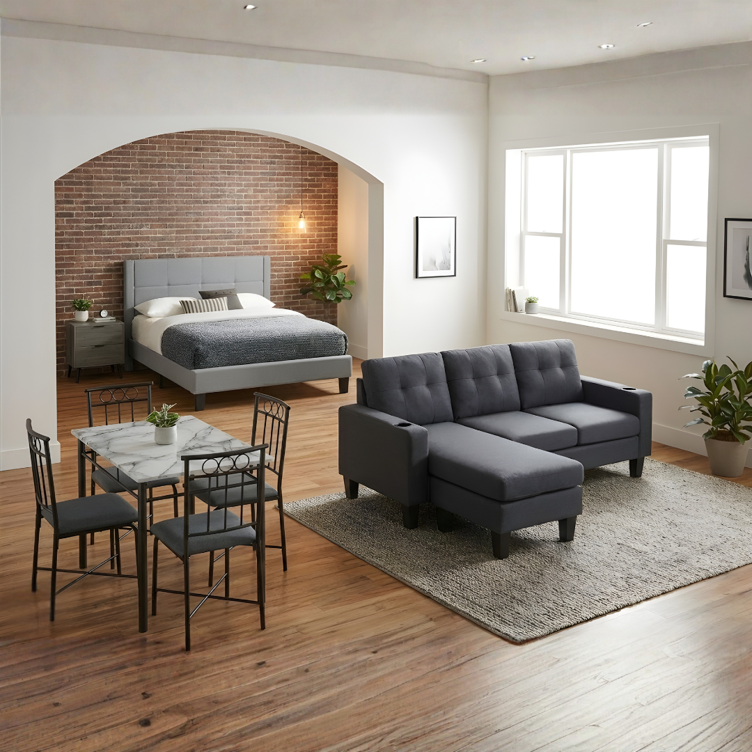 Pack E – Ensemble complet pour la maison | Lit queen size, canapé sectionnel, ensemble de salle à manger et accessoires essentiels