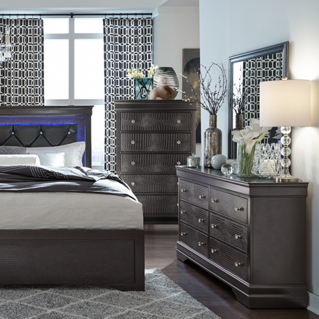 Commode Valencia à 5 tiroirs – Gris métallisé