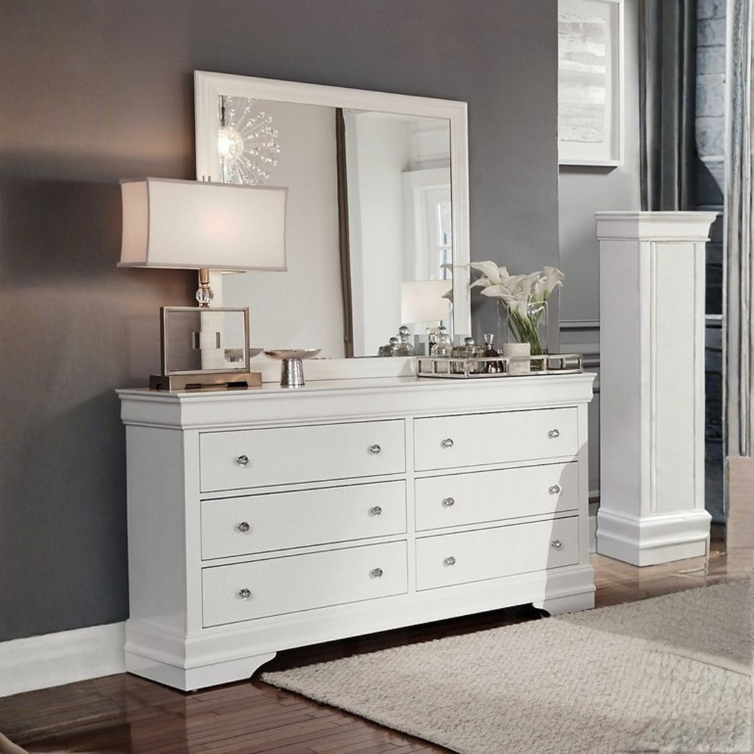 Aurelia – Commode 6 tiroirs avec miroir – Blanc métallisé