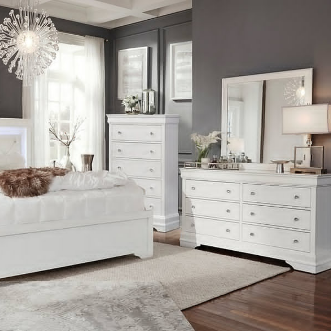 Commode Valencia à 5 tiroirs – Blanc métallisé