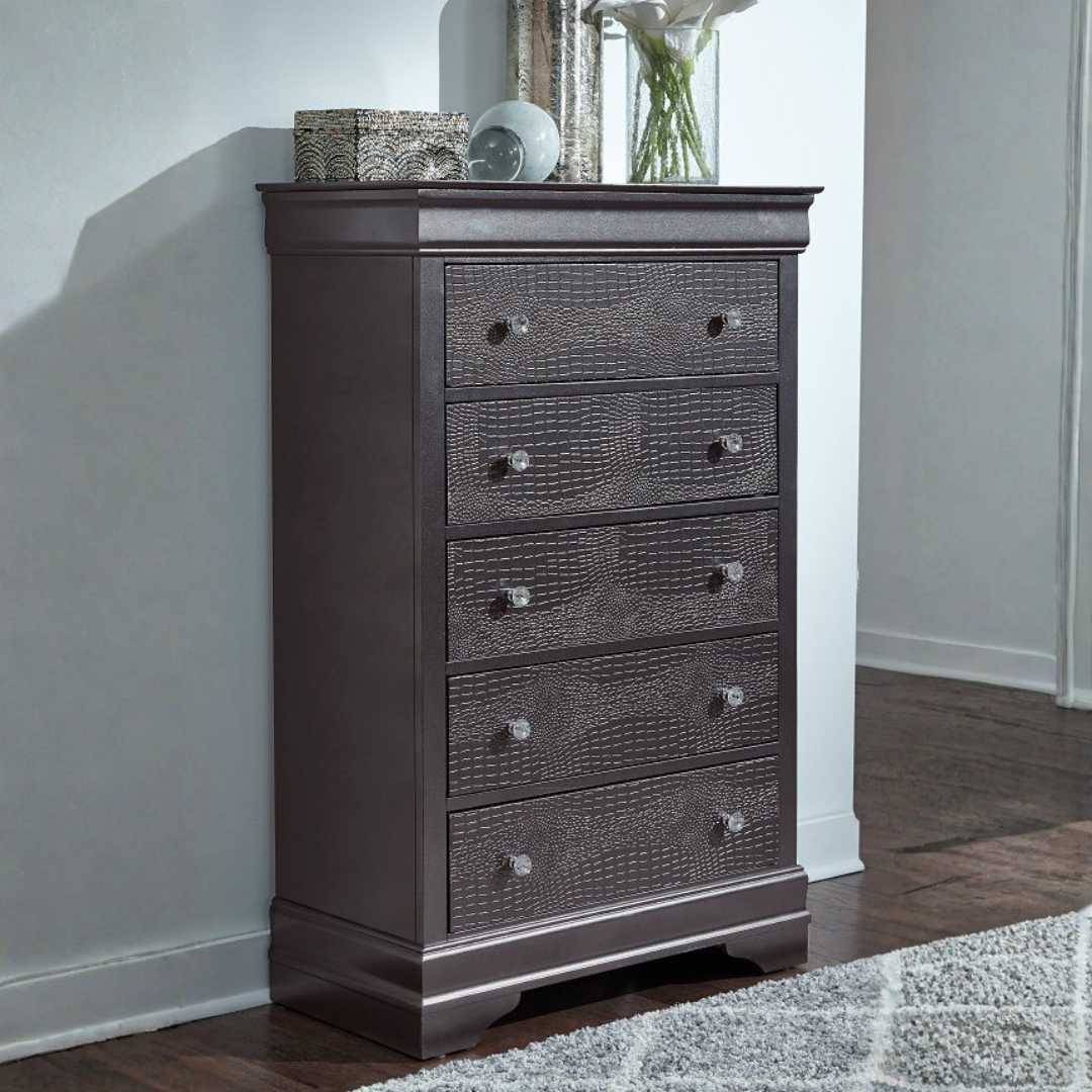 Commode Valencia à 5 tiroirs – Gris métallisé