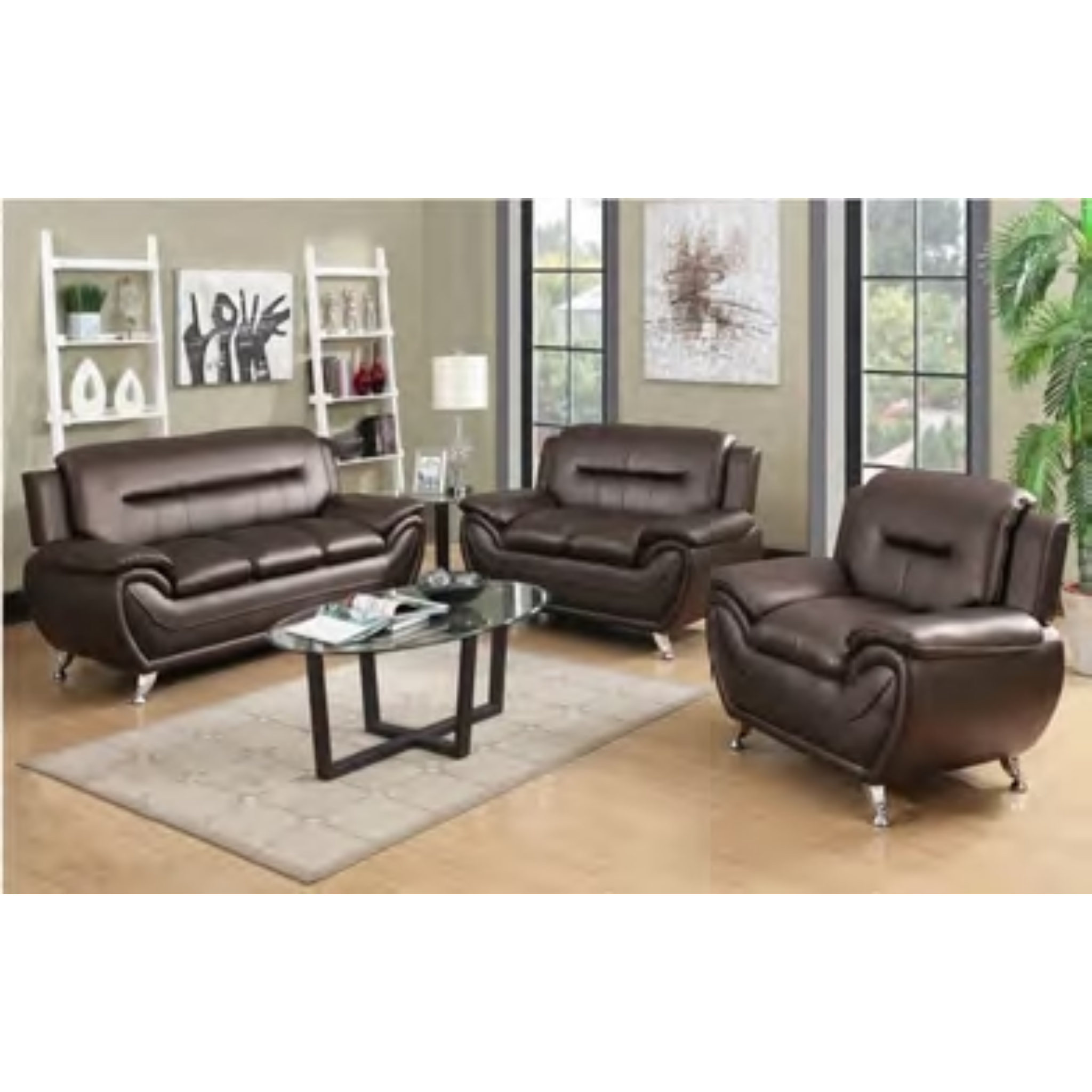 RANDY - Ensemble de canapés 3 pièces en cuir synthétique marron