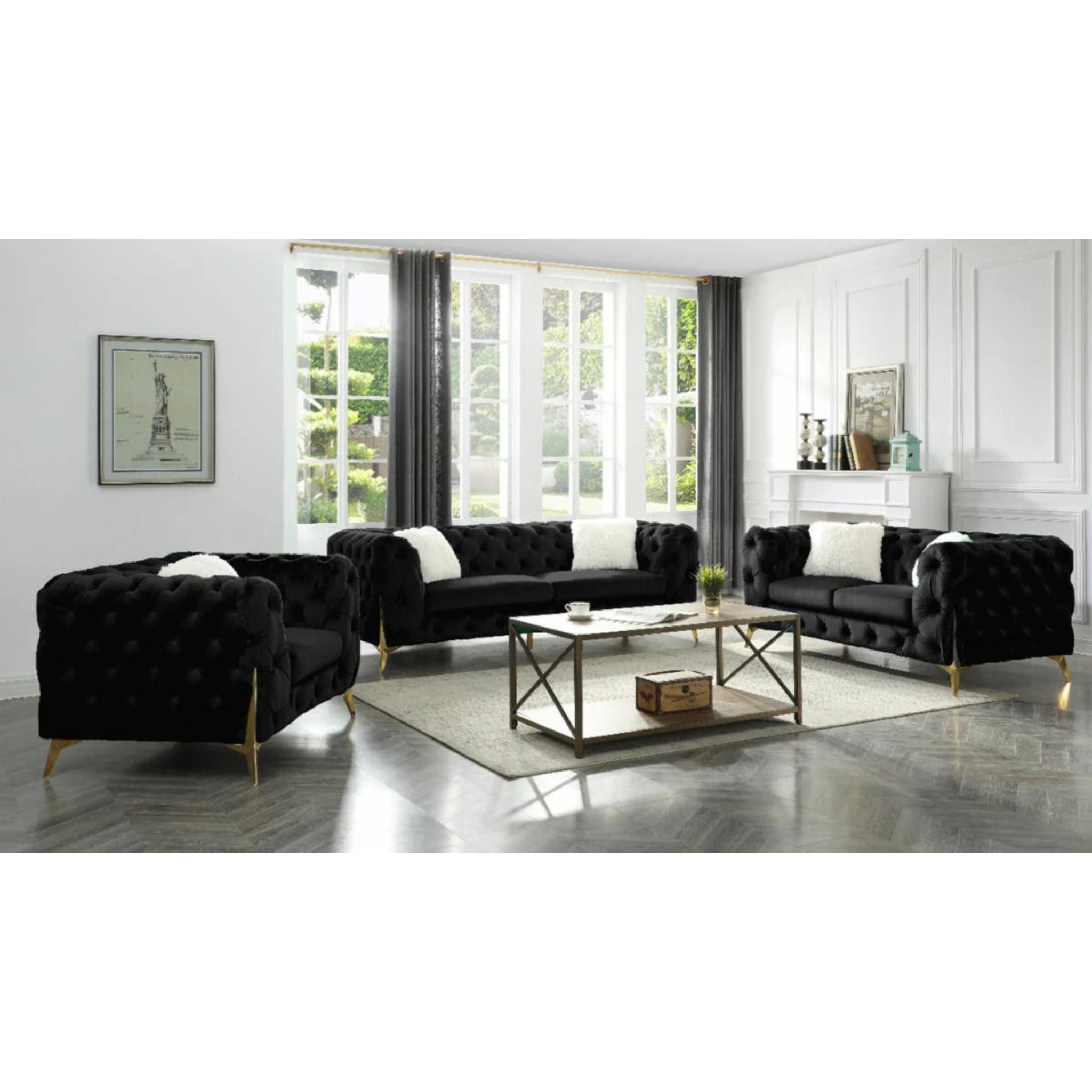 ROLA - Ensemble de canapés 3 pièces en velours noir