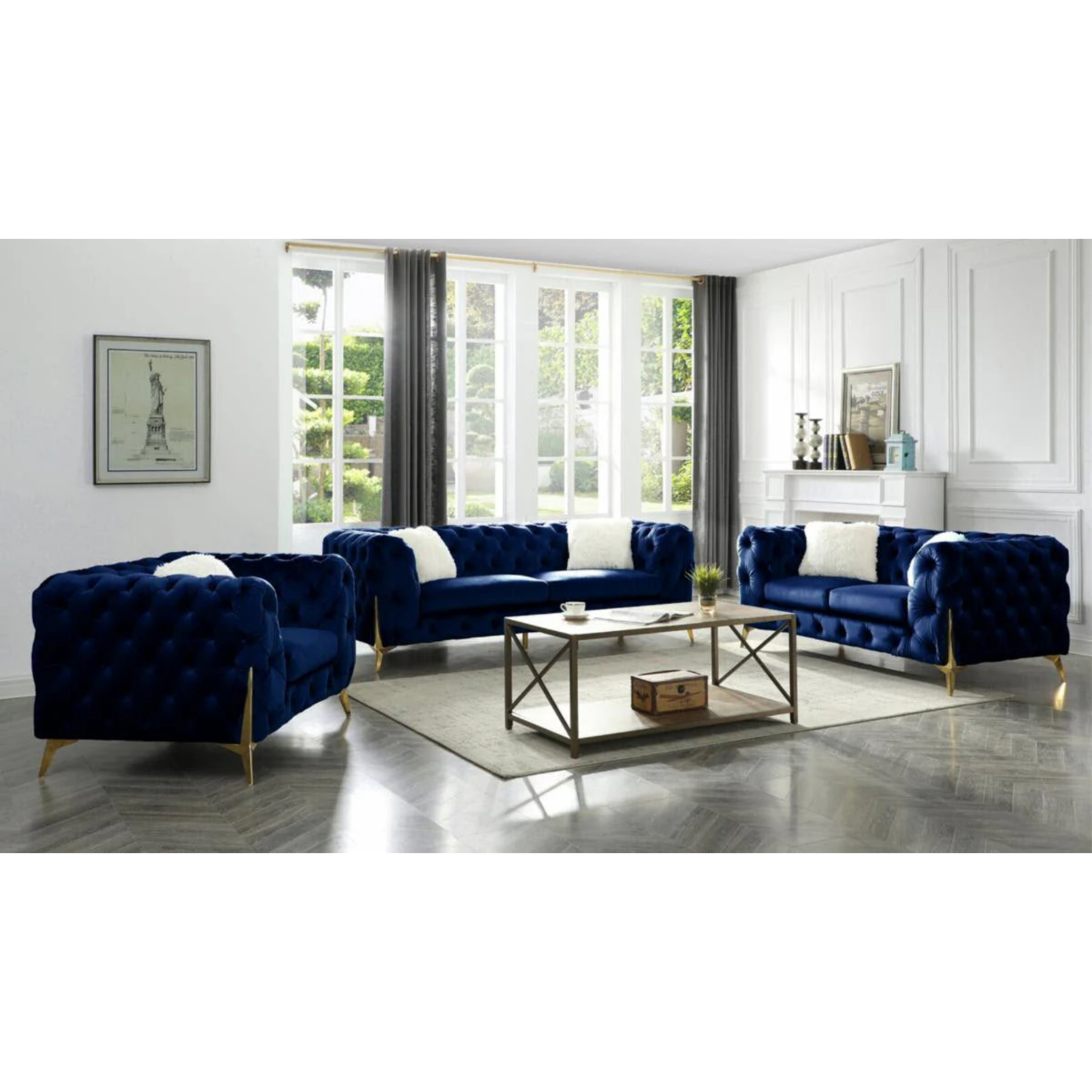 ROLA - Ensemble de canapés 3 pièces en velours bleu