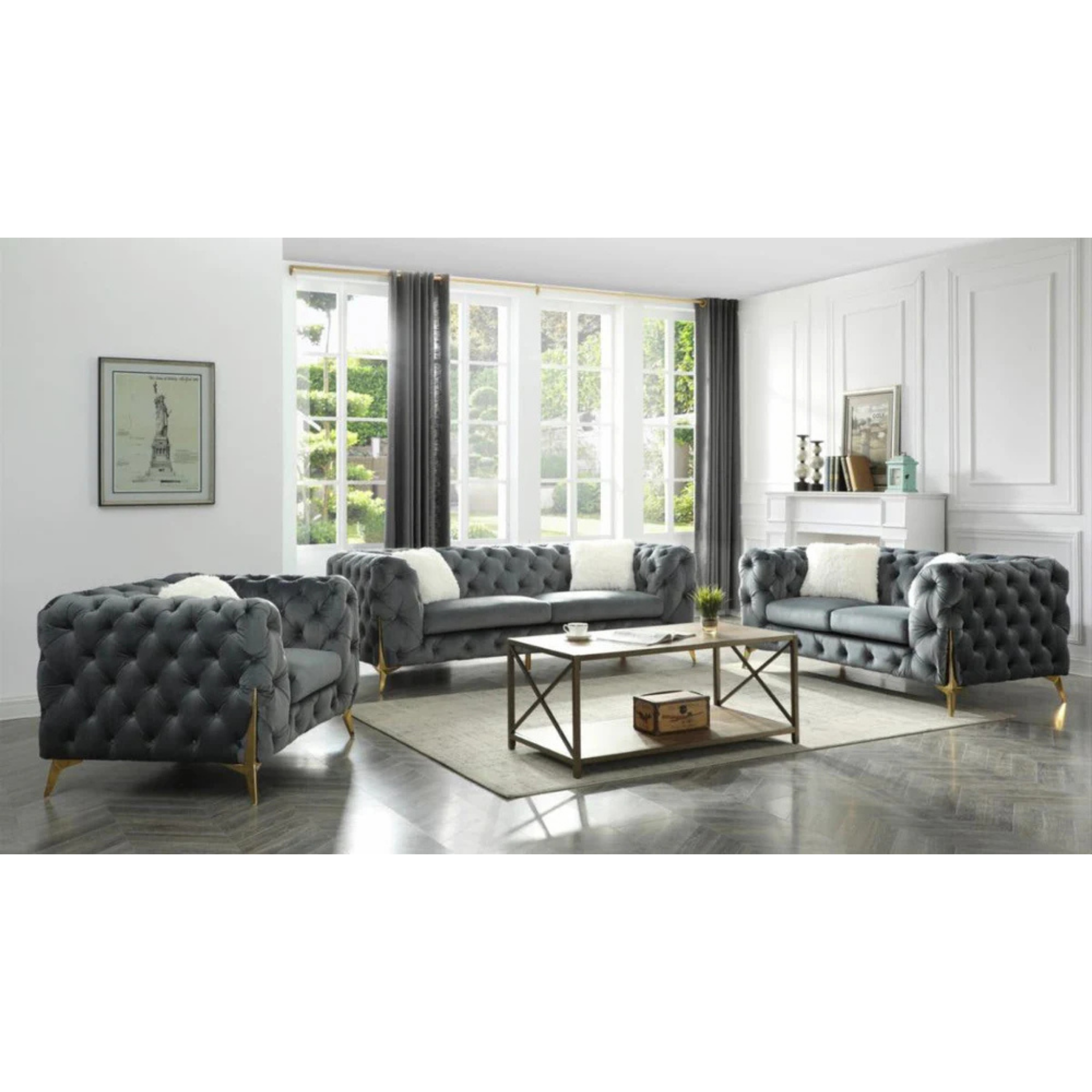 ROLA - Ensemble de canapés 3 pièces en velours gris