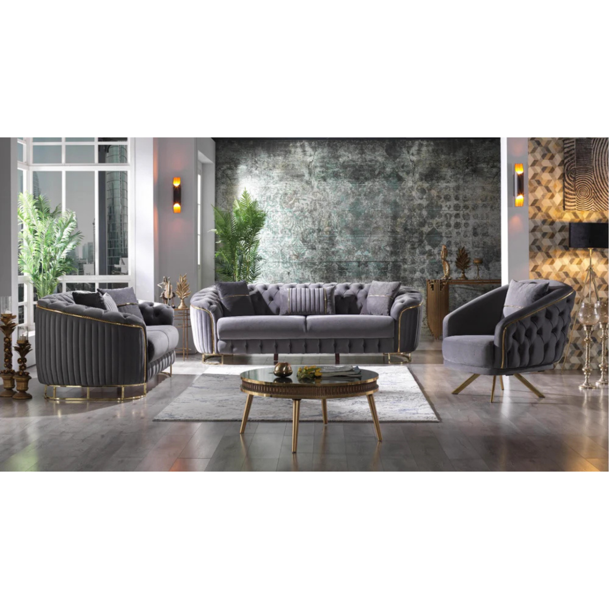 ROSA - Ensemble de canapés 3 pièces en velours gris