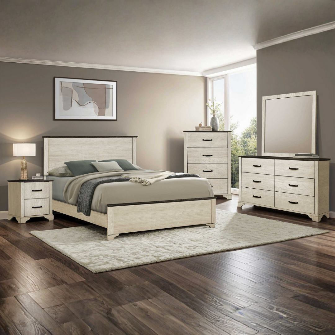 Ensemble chambre queen Ravenwick 6 pièces chêne blanchi rustique style farmhouse moderne – Bonito Montréal
