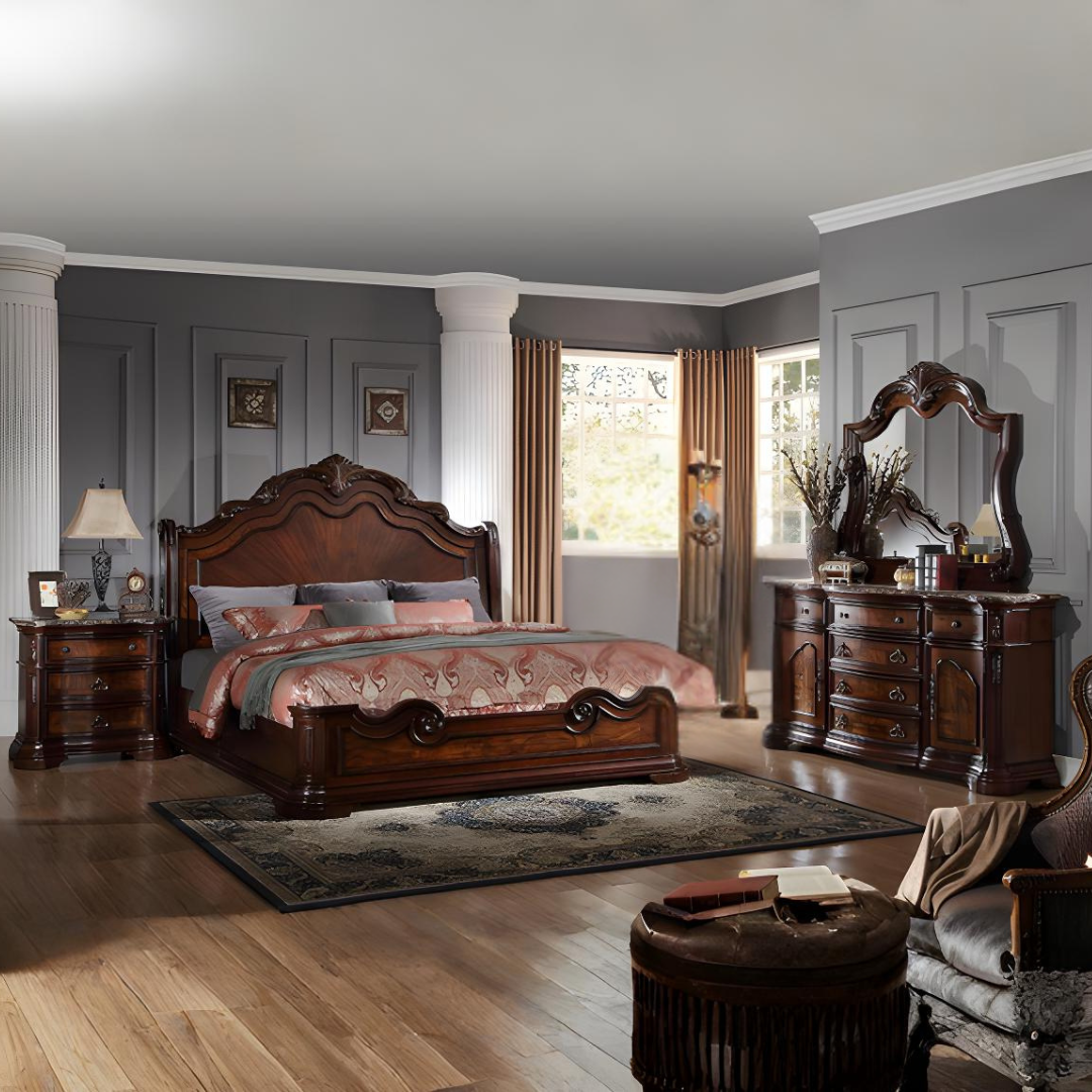 Ensemble chambre king Regalthorn 6 pièces finition noyer avec lit traîneau sculpté et commode – Montréal
